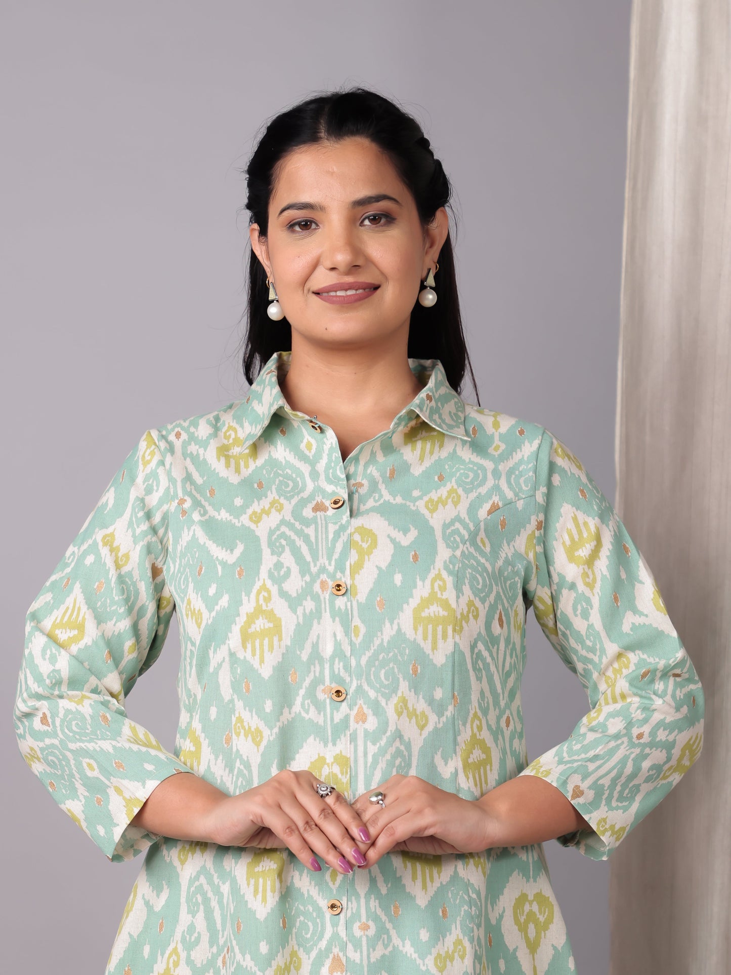 Linen Cotton Ikat High Low Green Kurta