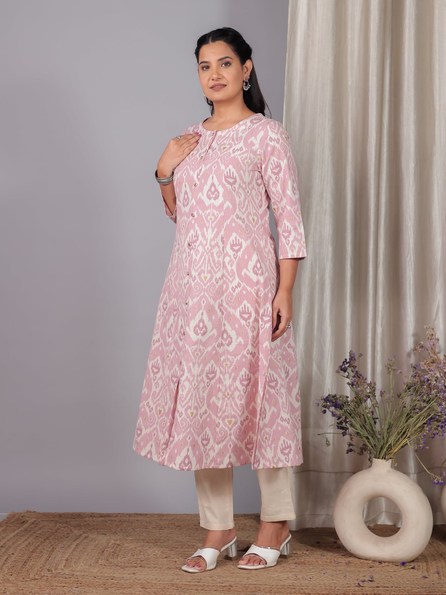 Linen Cotton Ikat Flared Pink Kurta