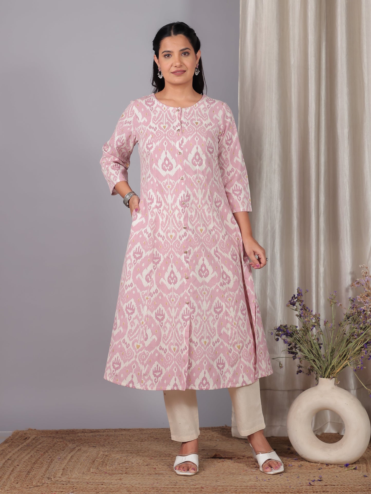 Linen Cotton Ikat Flared Pink Kurta