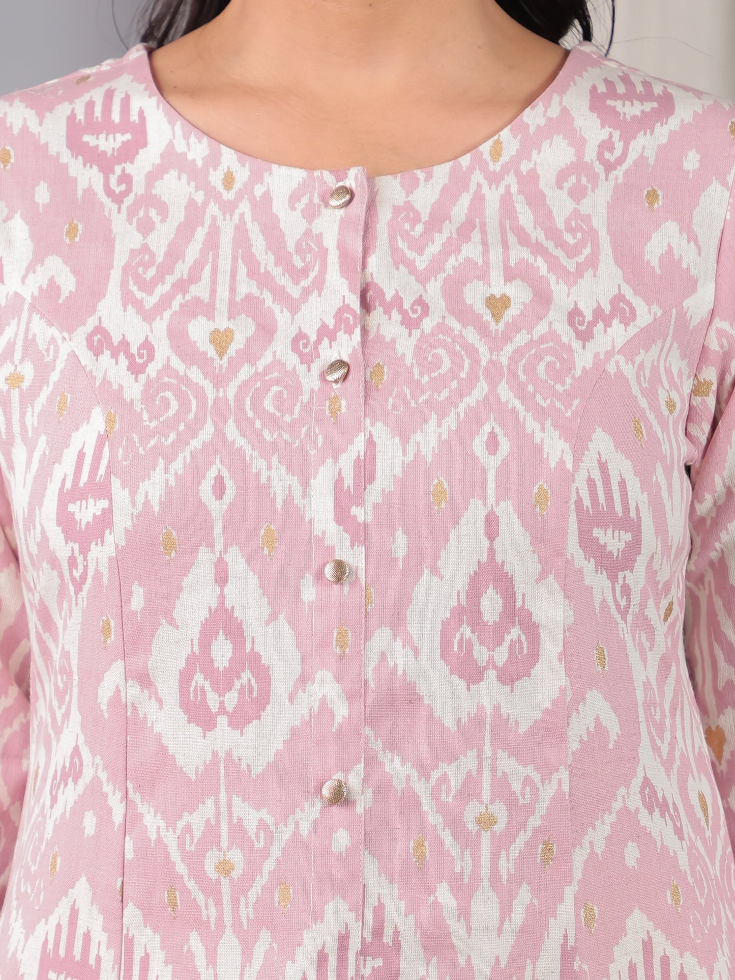 Linen Cotton Ikat Flared Pink Kurta