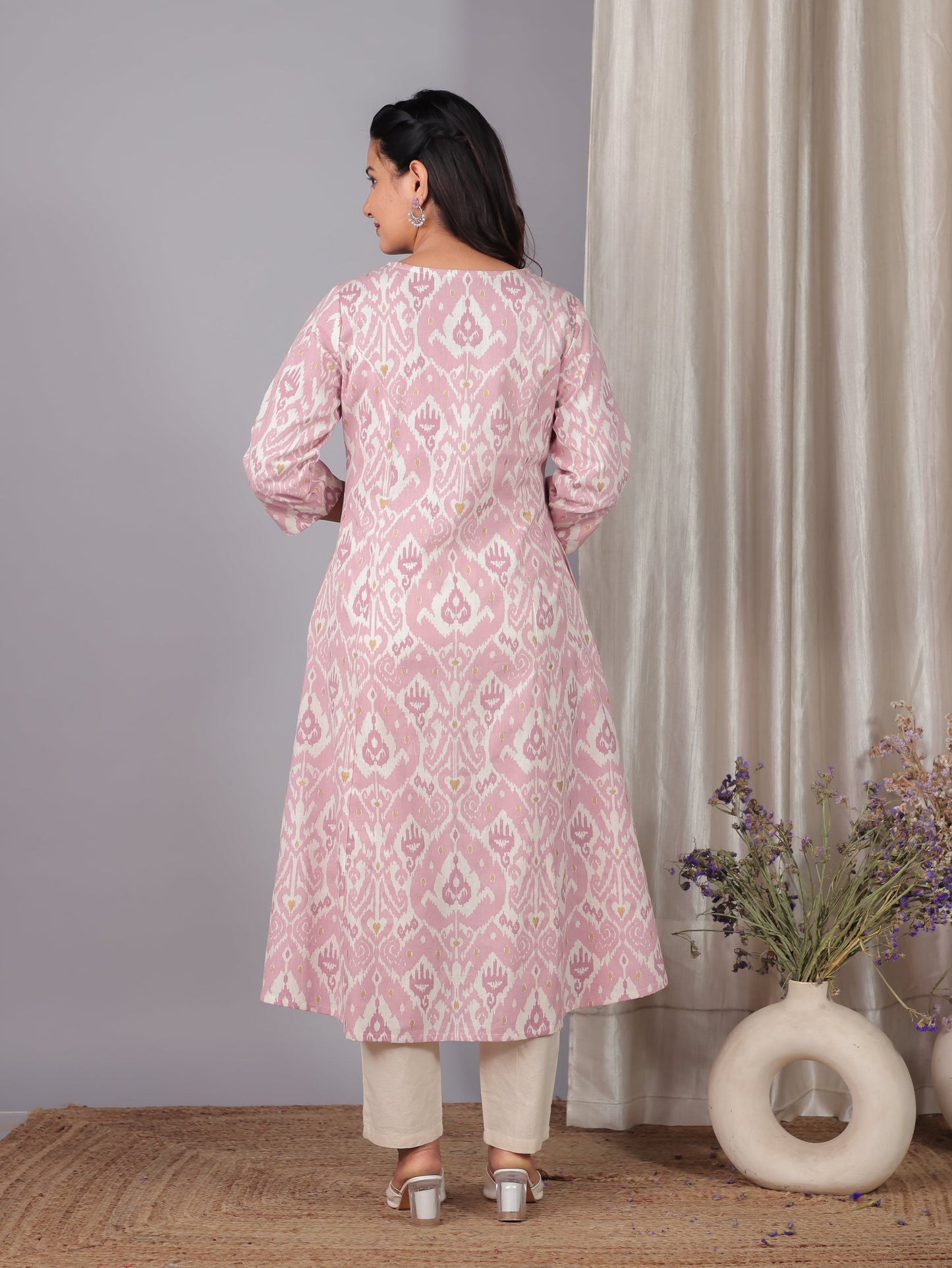 Linen Cotton Ikat Flared Pink Kurta
