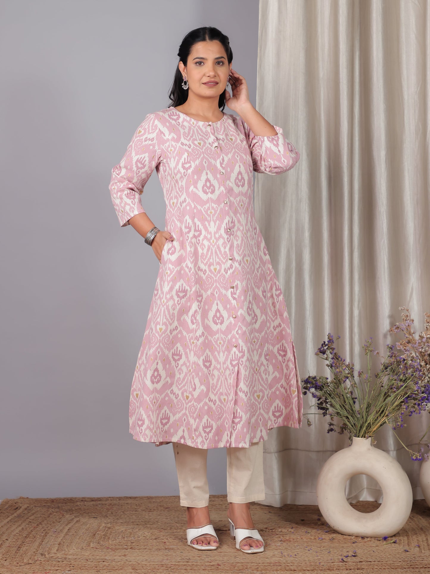 Linen Cotton Ikat Flared Pink Kurta