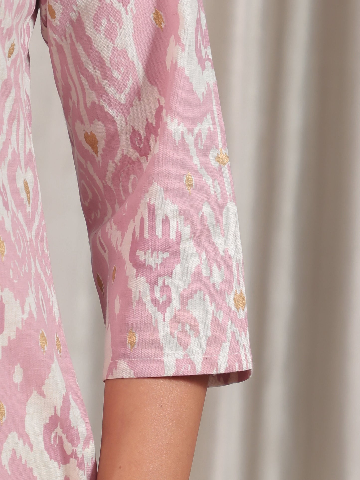 Linen Cotton Ikat Flared Pink Kurta