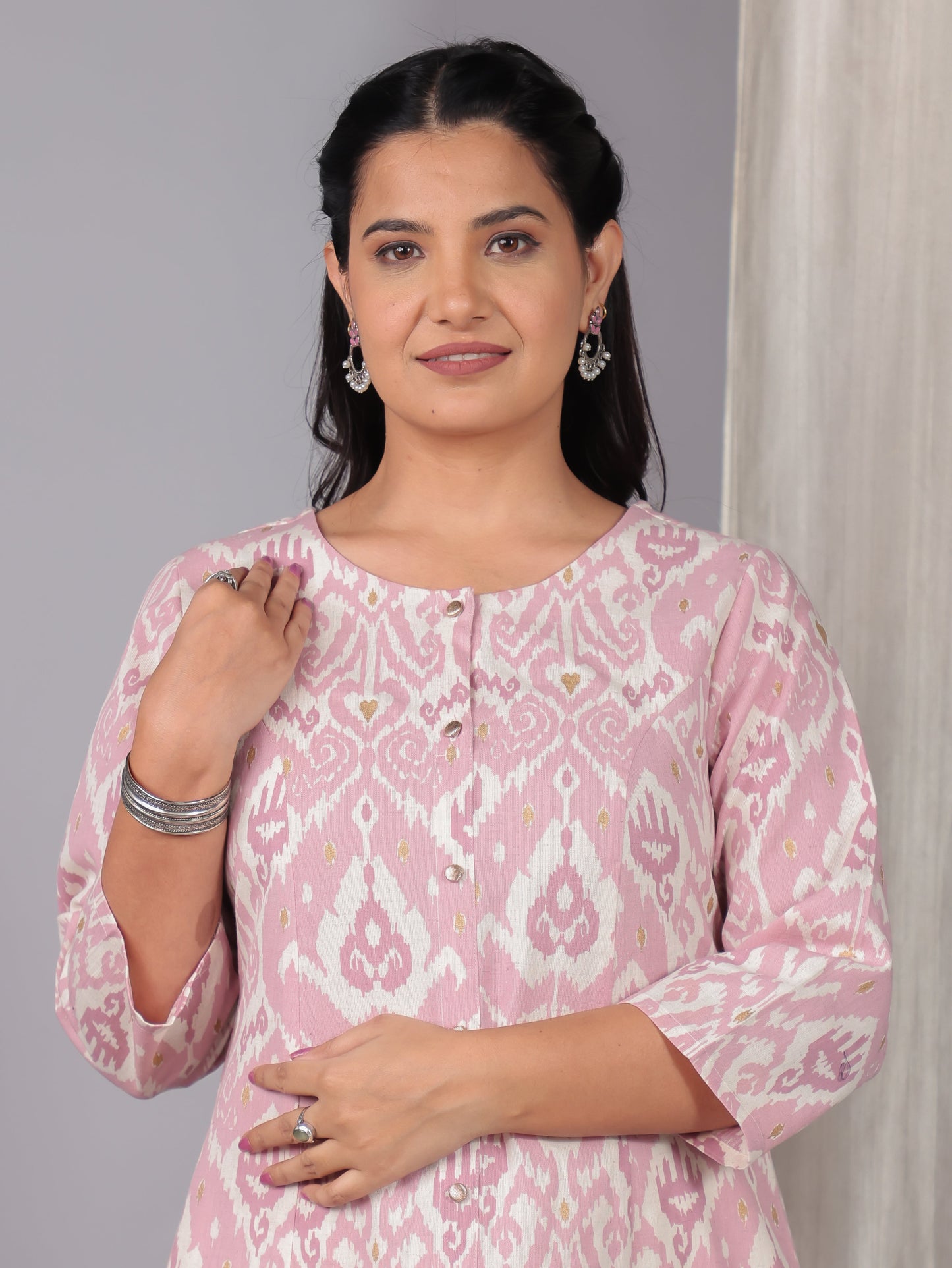 Linen Cotton Ikat Flared Pink Kurta