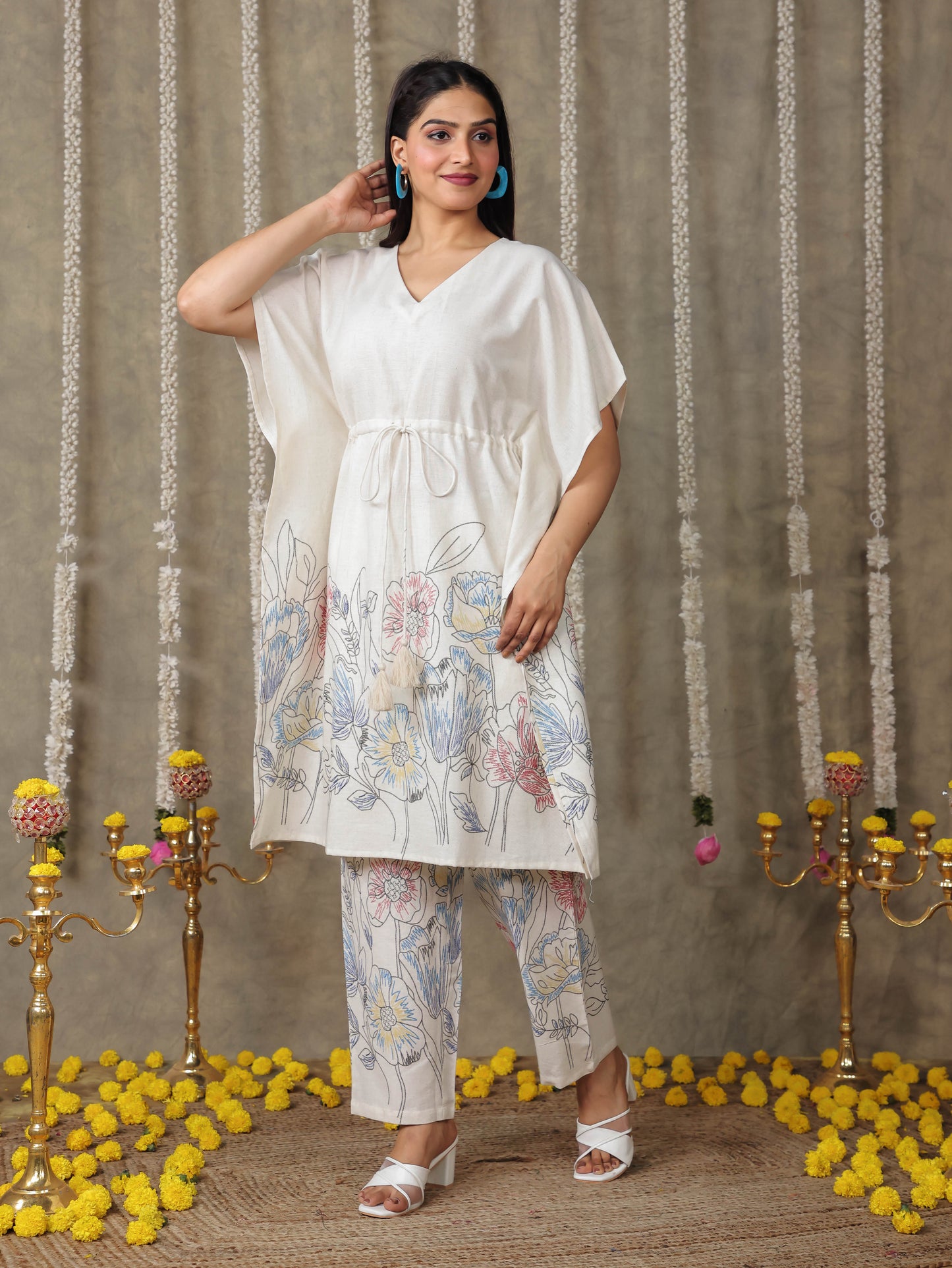 Linen Cotton Placement Print Kaftan Off White Kurta