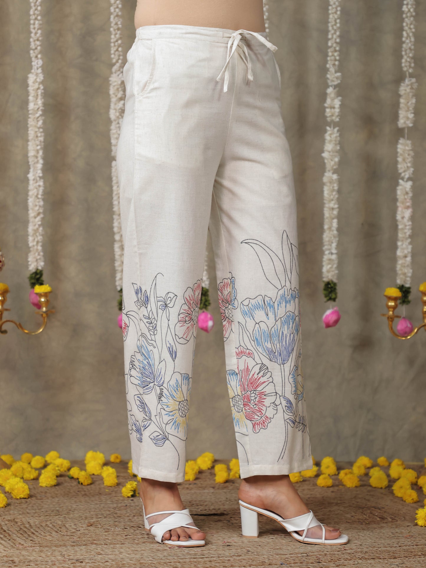 Linen Cotton Placement Print Kaftan Off White Kurta