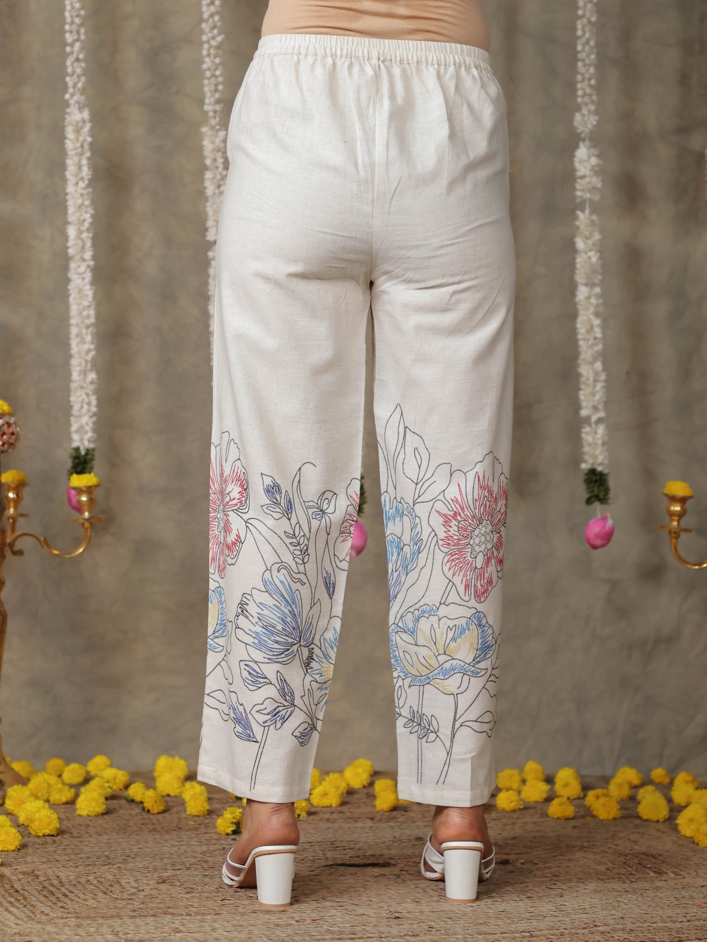 Linen Cotton Placement Print Kaftan Off White Kurta