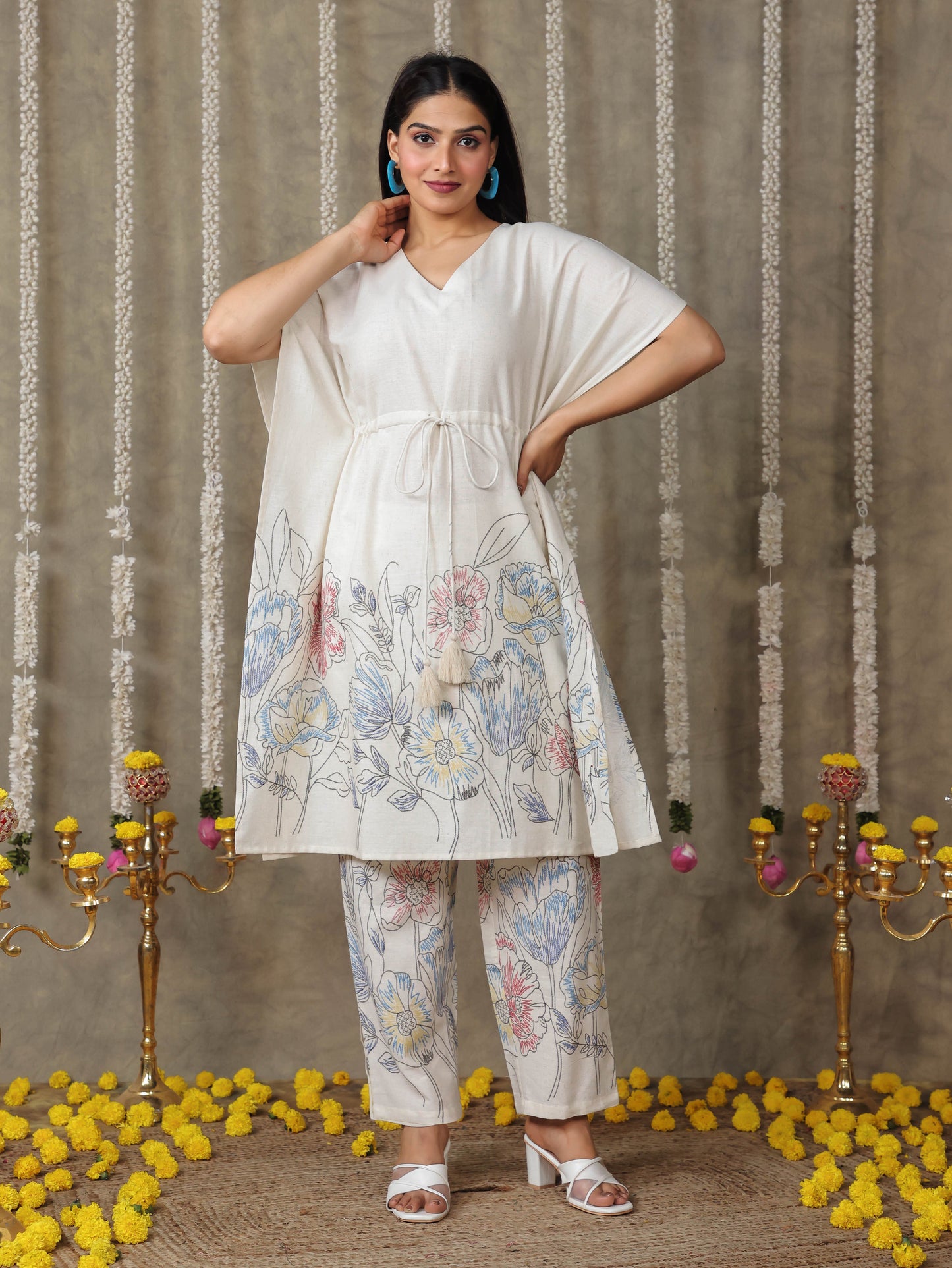 Linen Cotton Placement Print Kaftan Off White Kurta