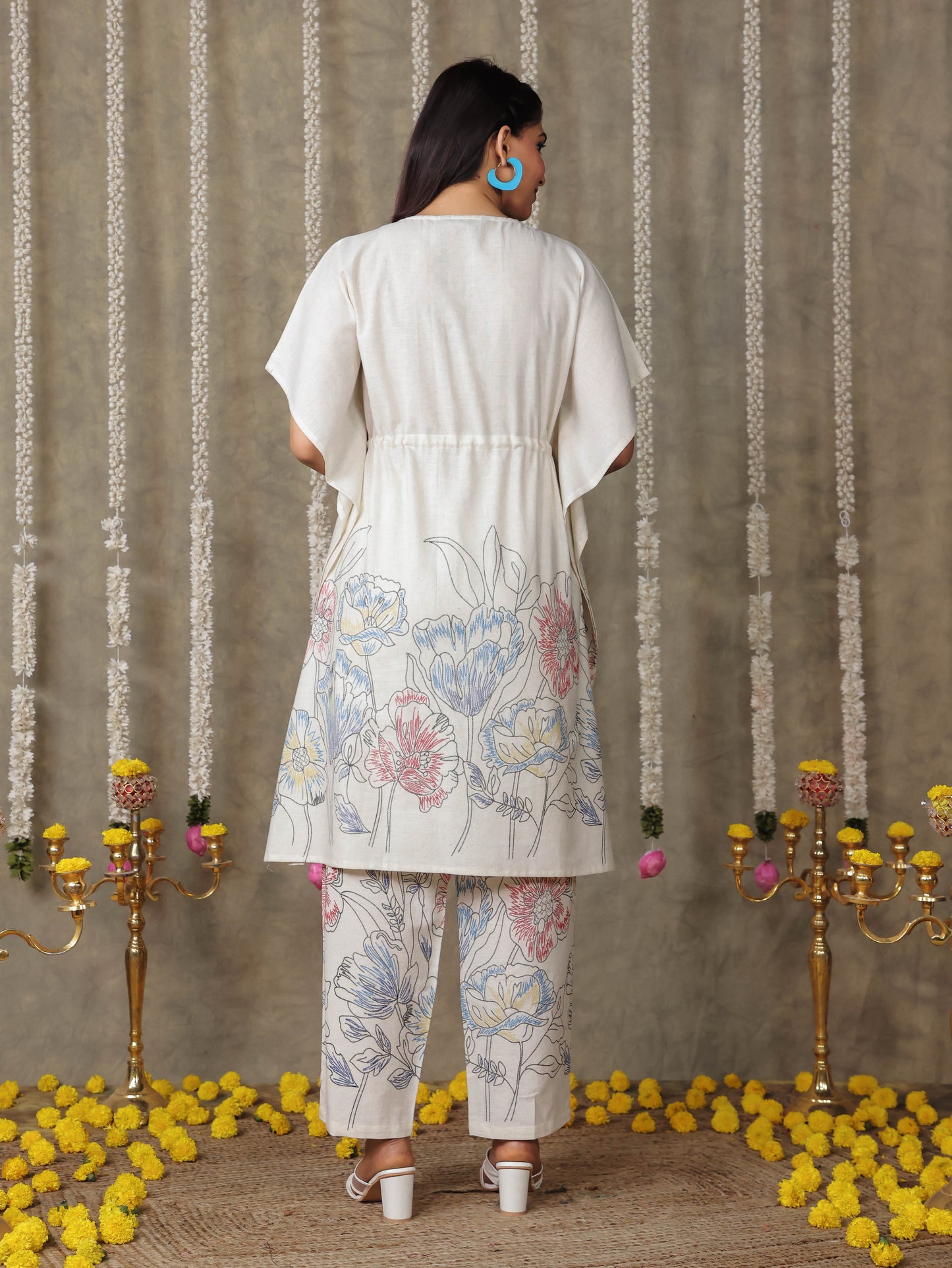 Linen Cotton Placement Print Kaftan Off White Kurta