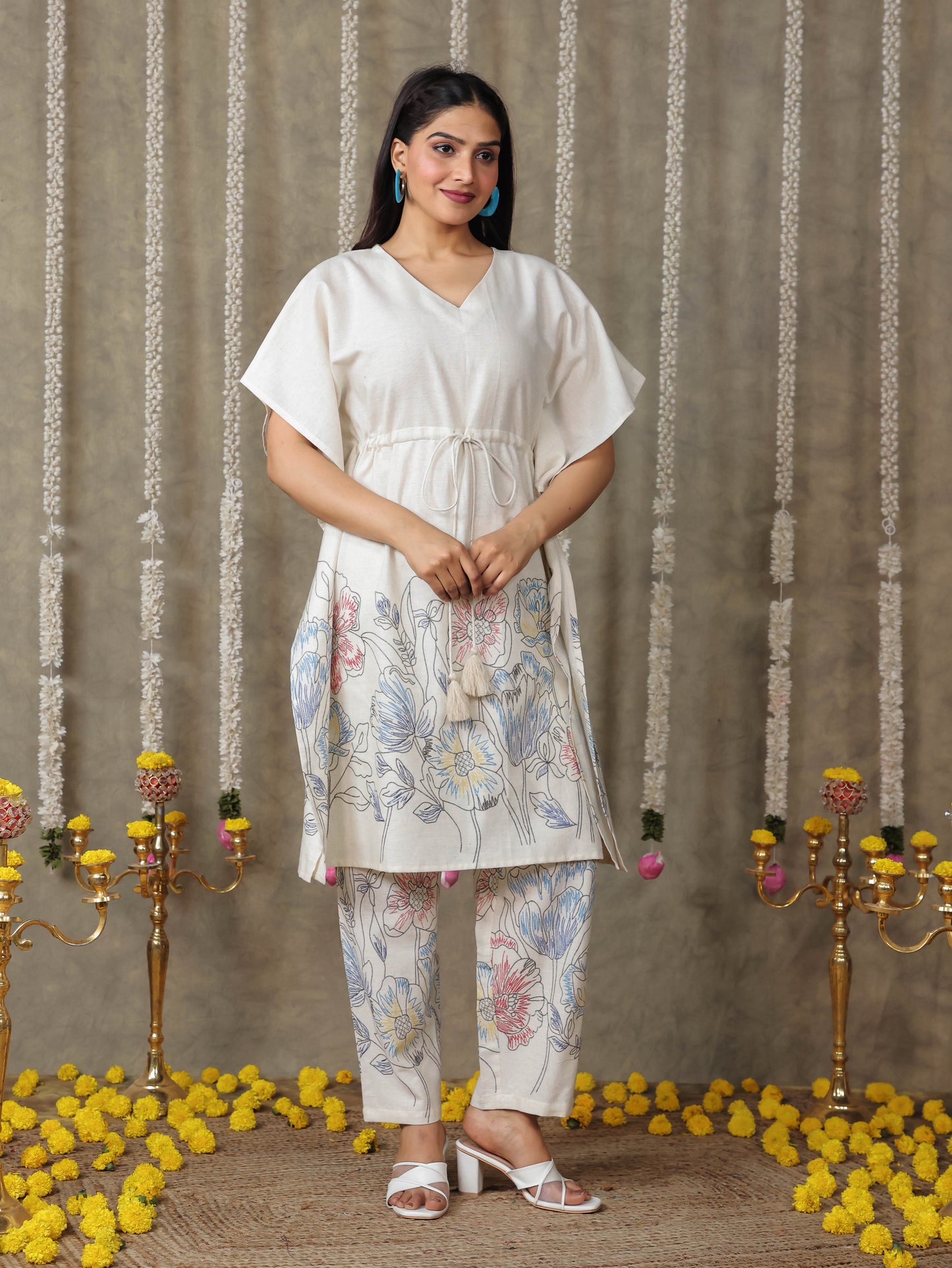 Linen Cotton Placement Print Kaftan Off White Kurta
