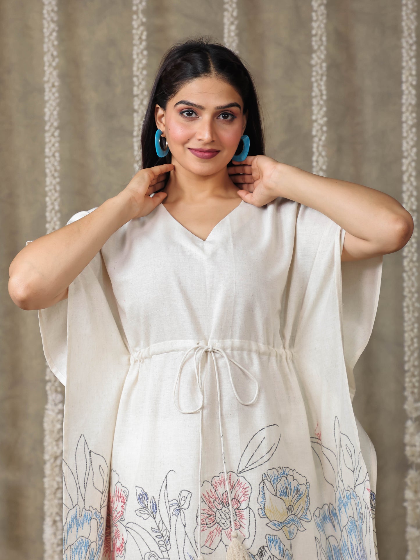 Linen Cotton Placement Print Kaftan Off White Kurta