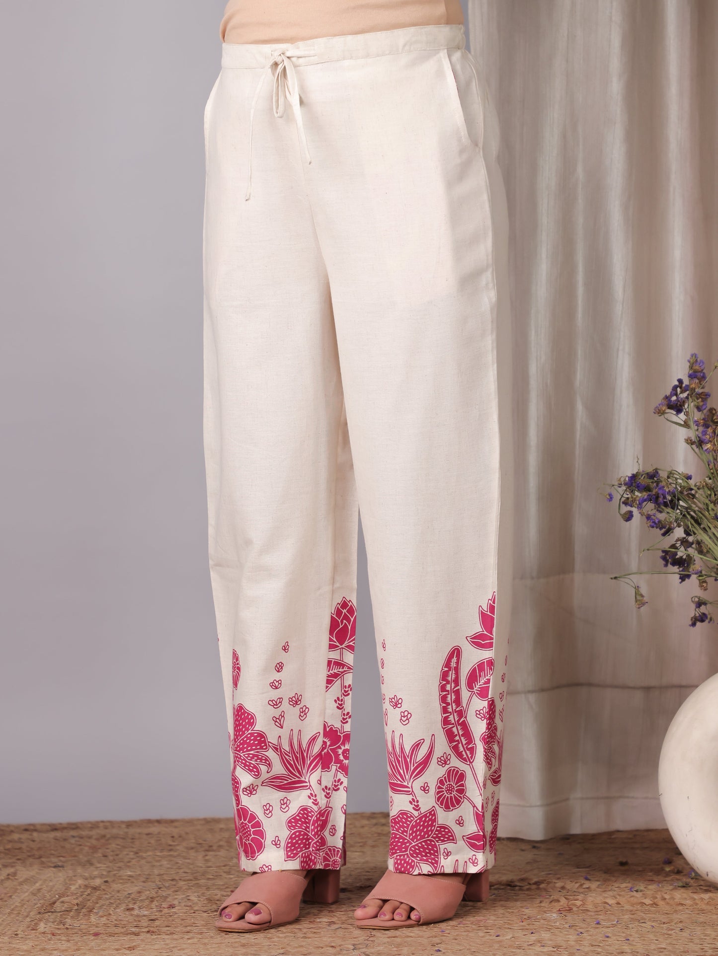 Linen Cotton Placement Print Off White Straight Trousers
