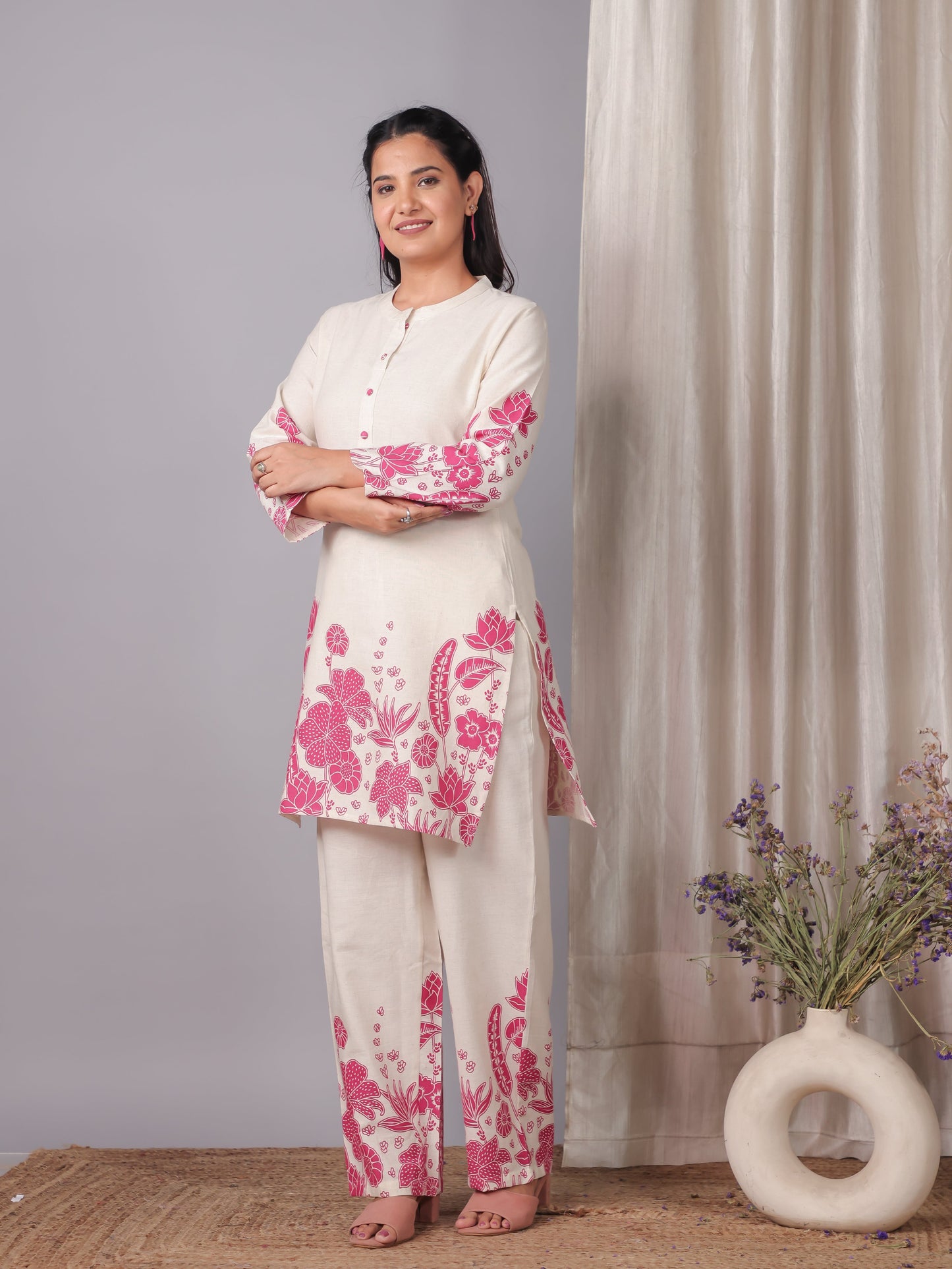 Linen Cotton Placement Print Straight Off White Co-Ord