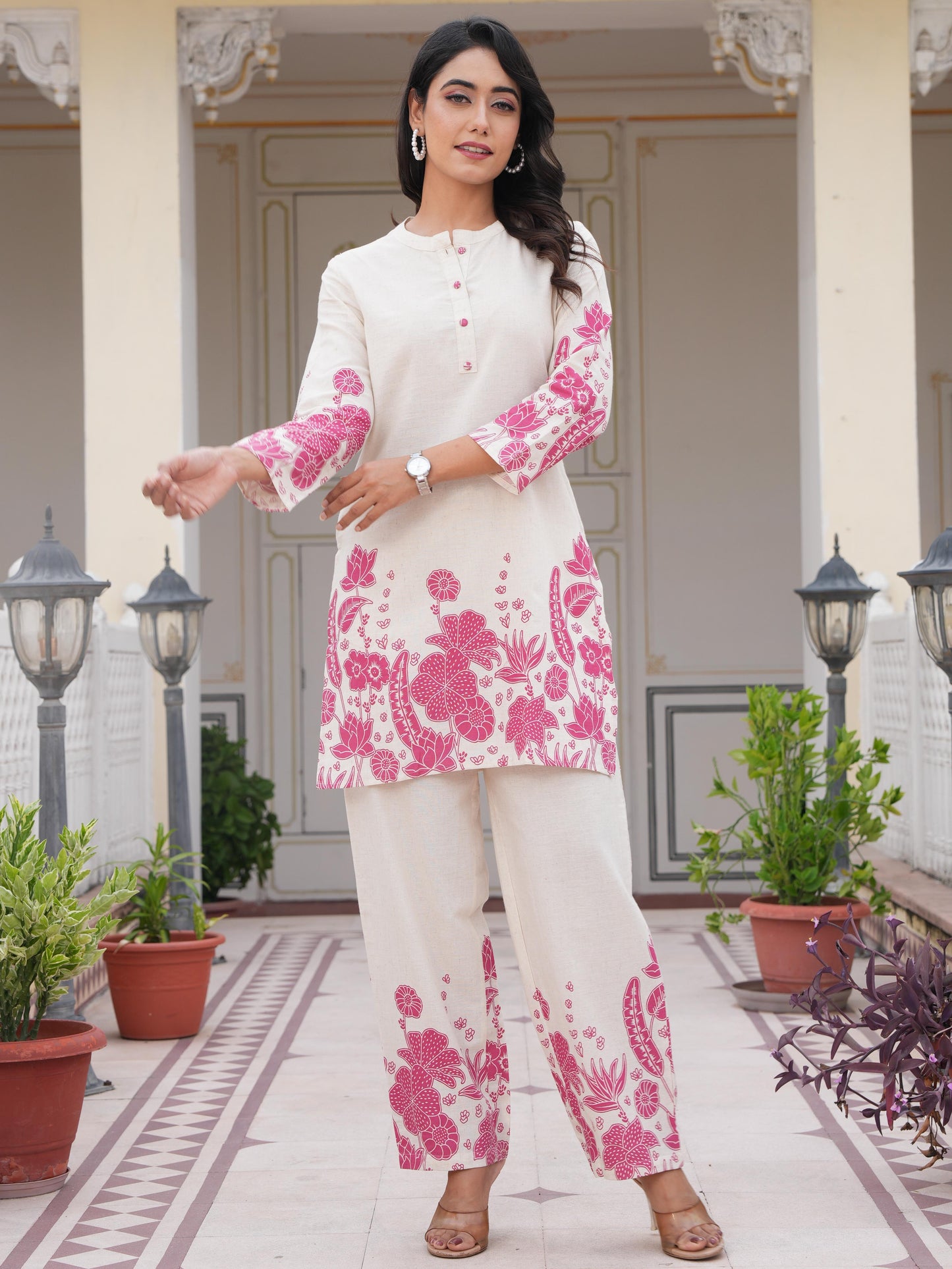 Linen Cotton Placement Print Straight Off White Co-Ord