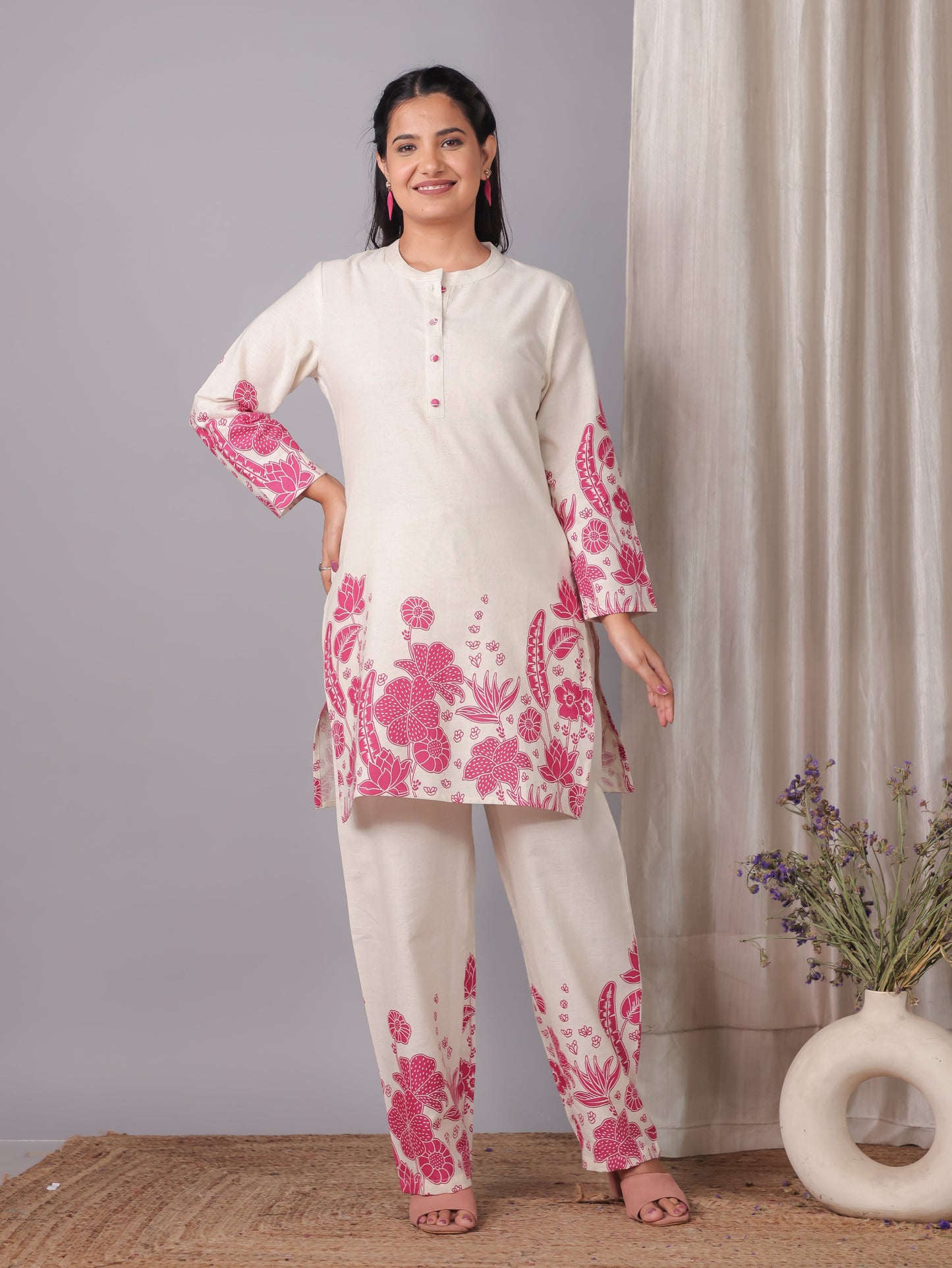 Linen Cotton Placement Print Straight Off White Co-Ord