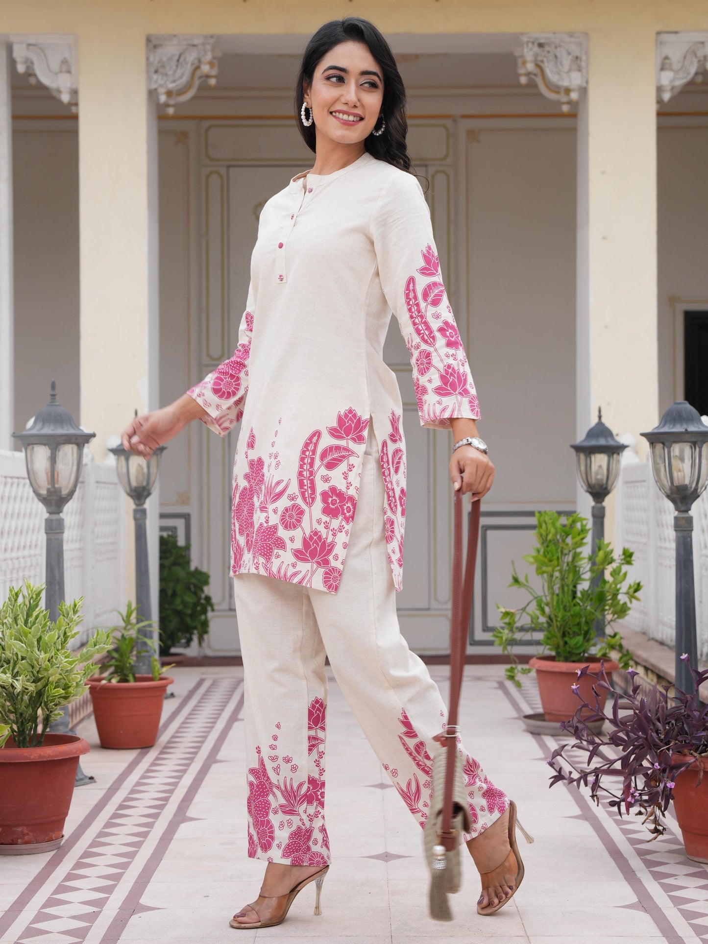 Linen Cotton Placement Print Straight Off White Co-Ord