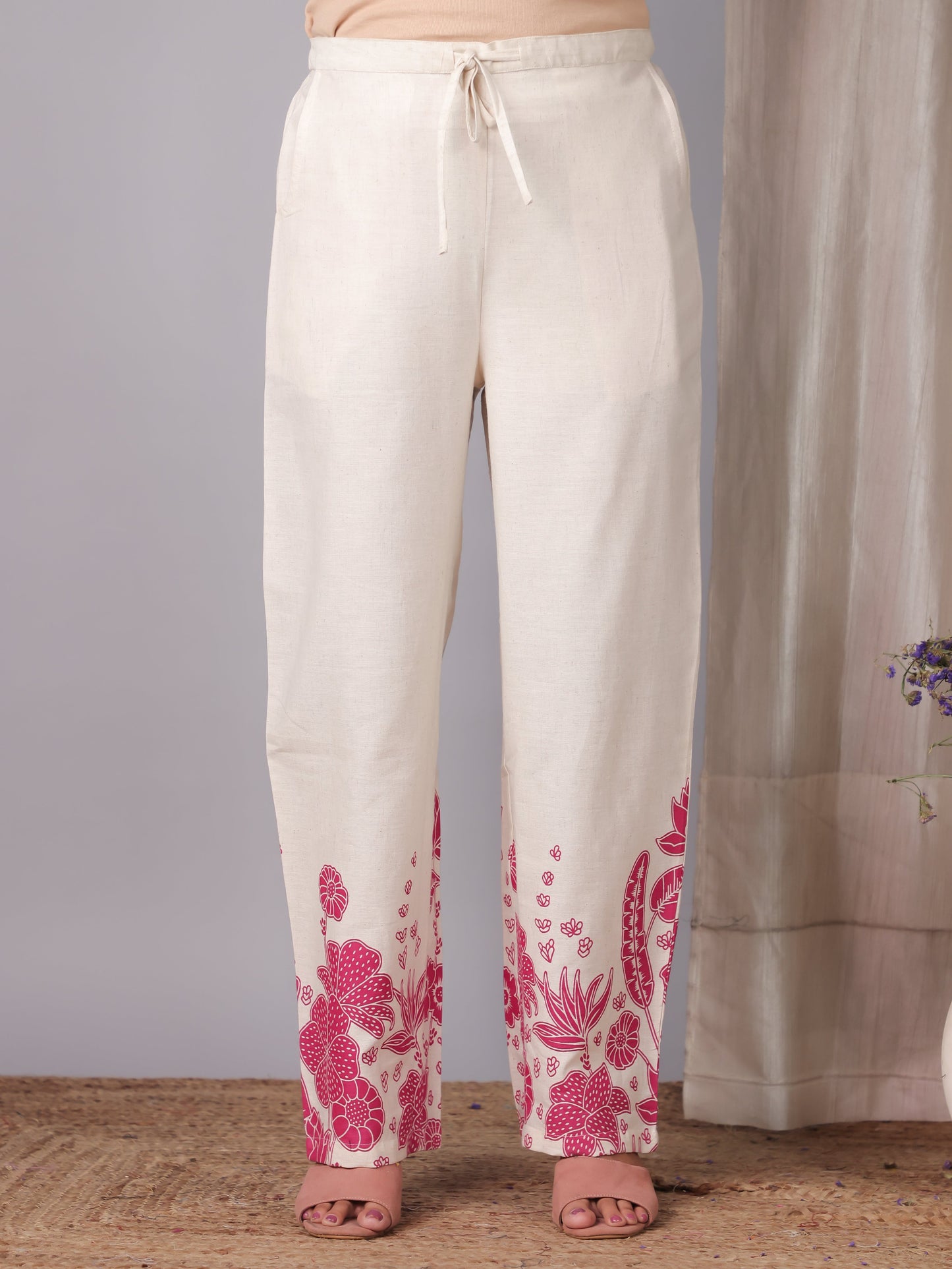 Linen Cotton Placement Print Straight Off White Co-Ord