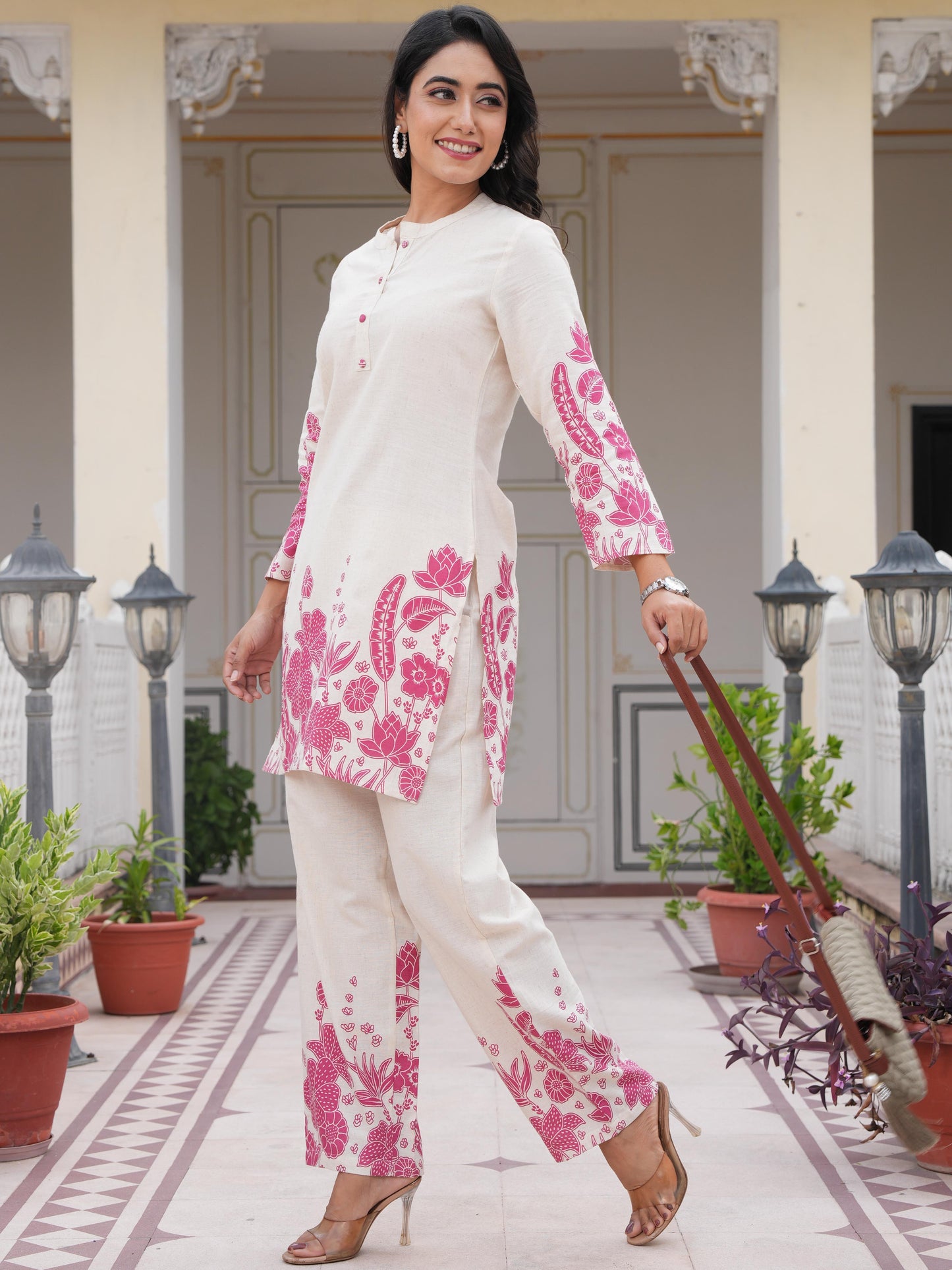 Linen Cotton Placement Print Straight Off White Co-Ord