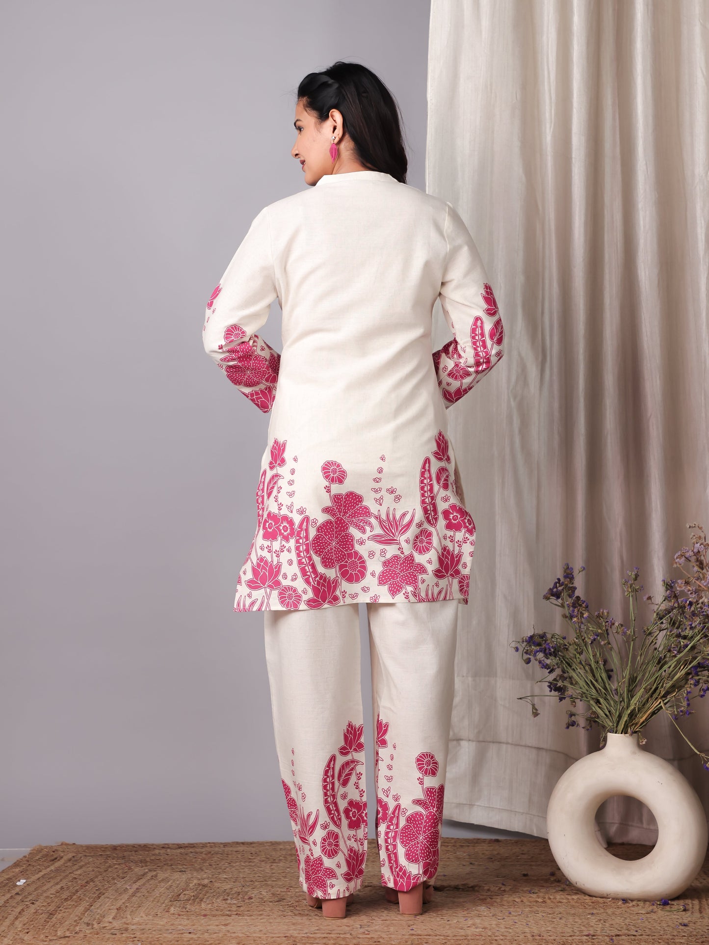 Linen Cotton Placement Print Straight Off White Co-Ord