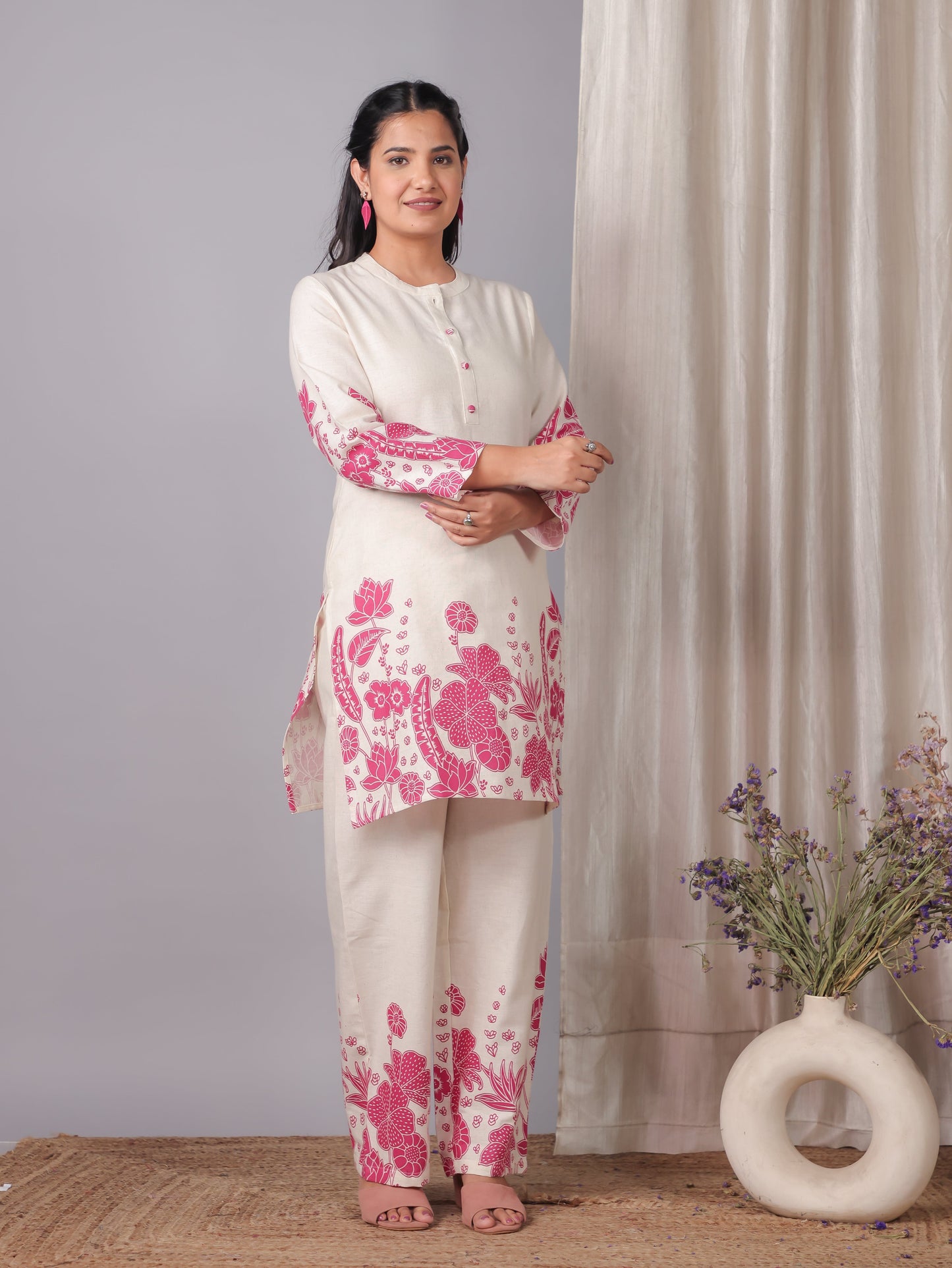 Linen Cotton Placement Print Straight Off White Co-Ord