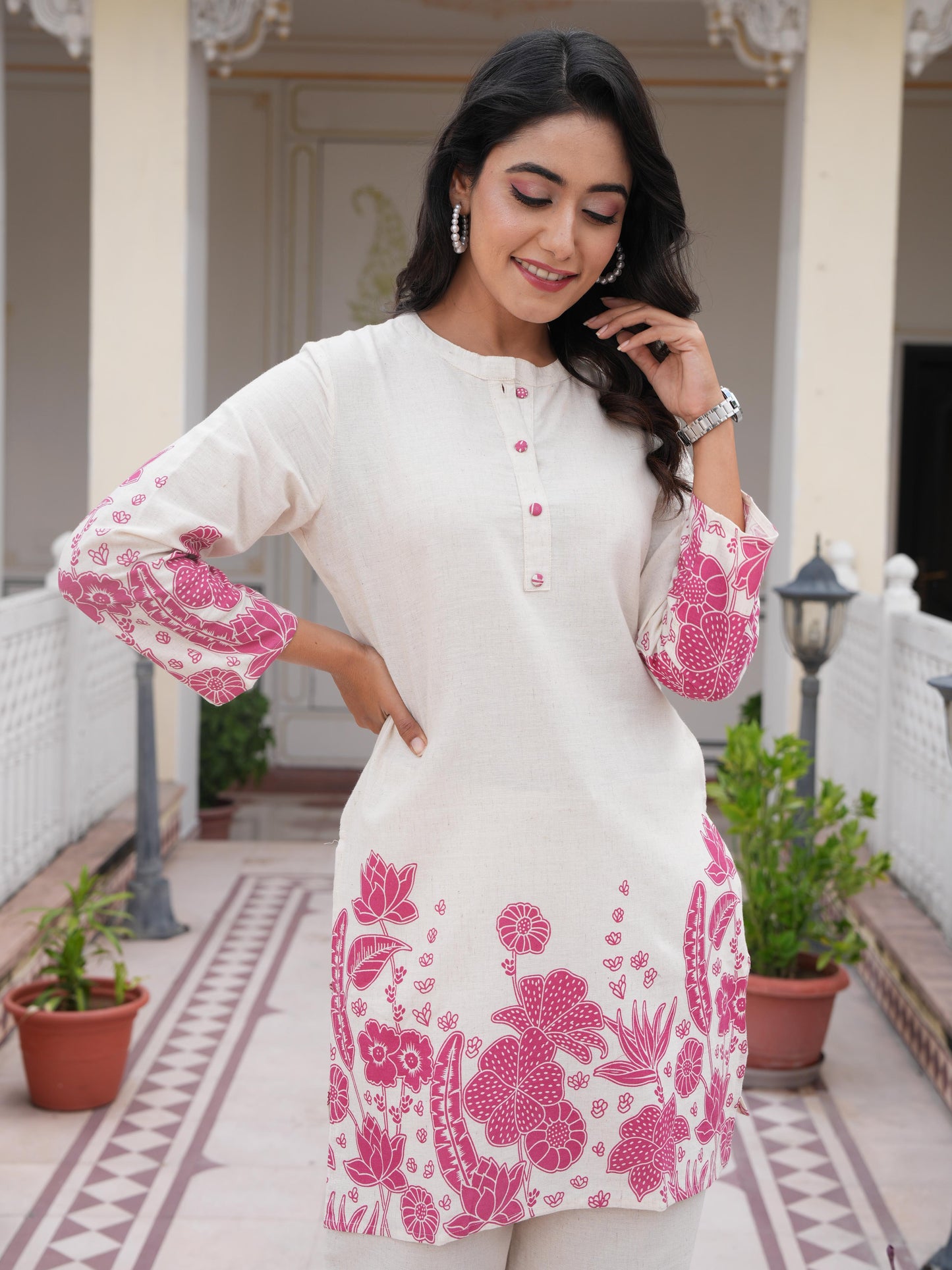 Linen Cotton Placement Print Straight Off White Co-Ord