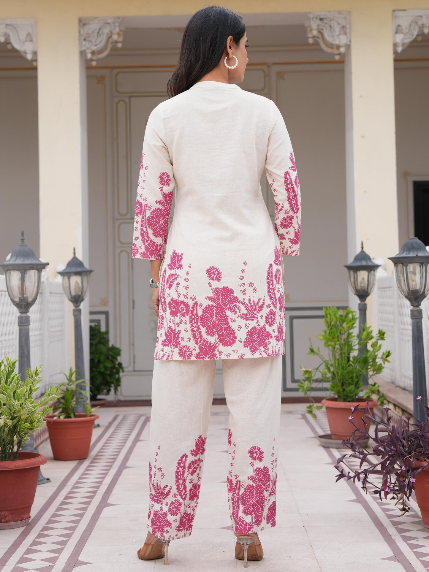 Linen Cotton Placement Print Straight Off White Co-Ord