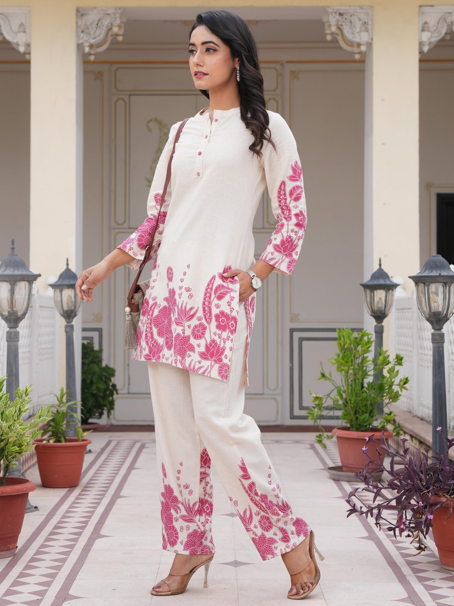 Linen Cotton Placement Print Straight Off White Co-Ord