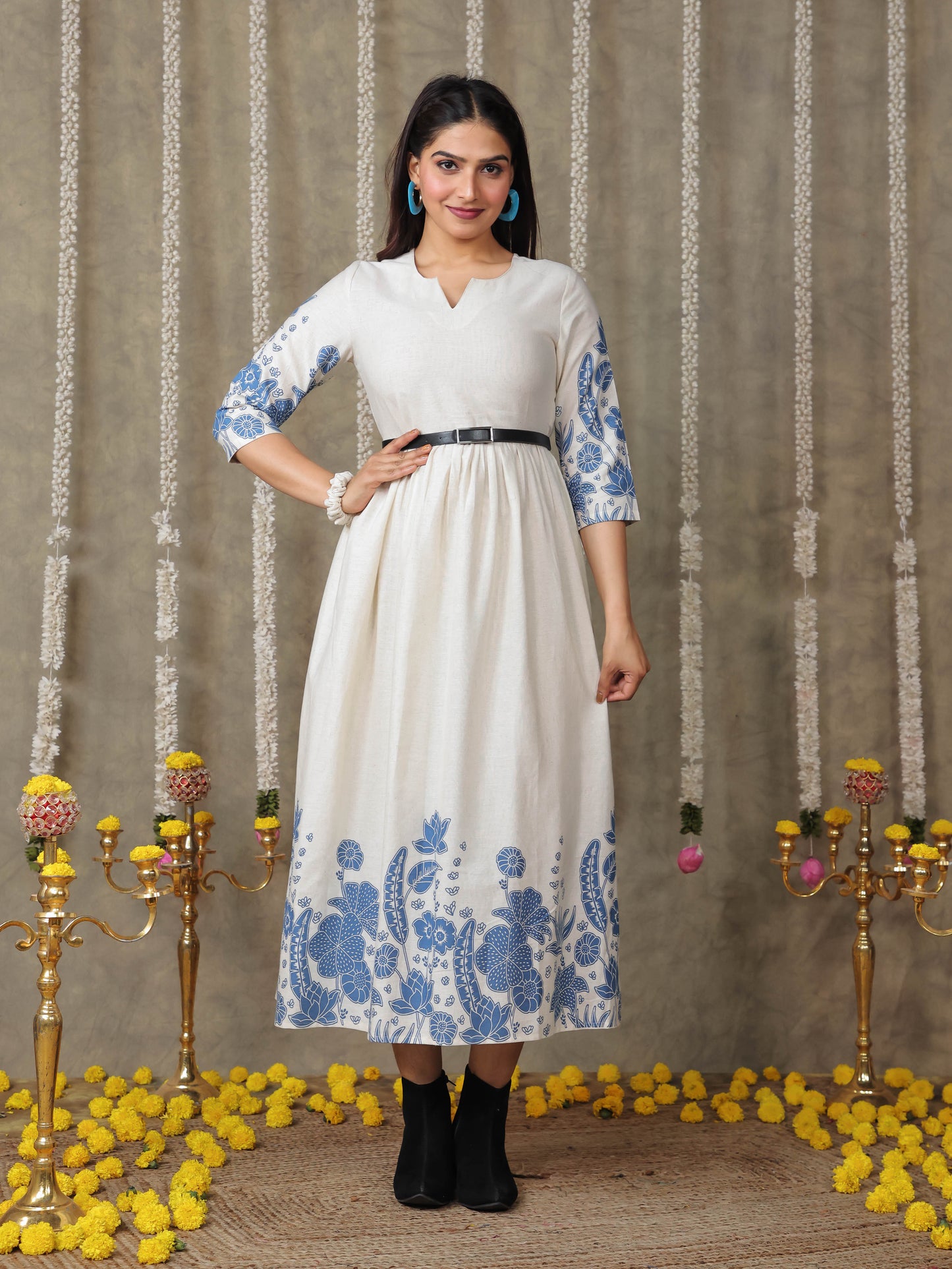 Linen Cotton Placement Print Gathered Off White Dress