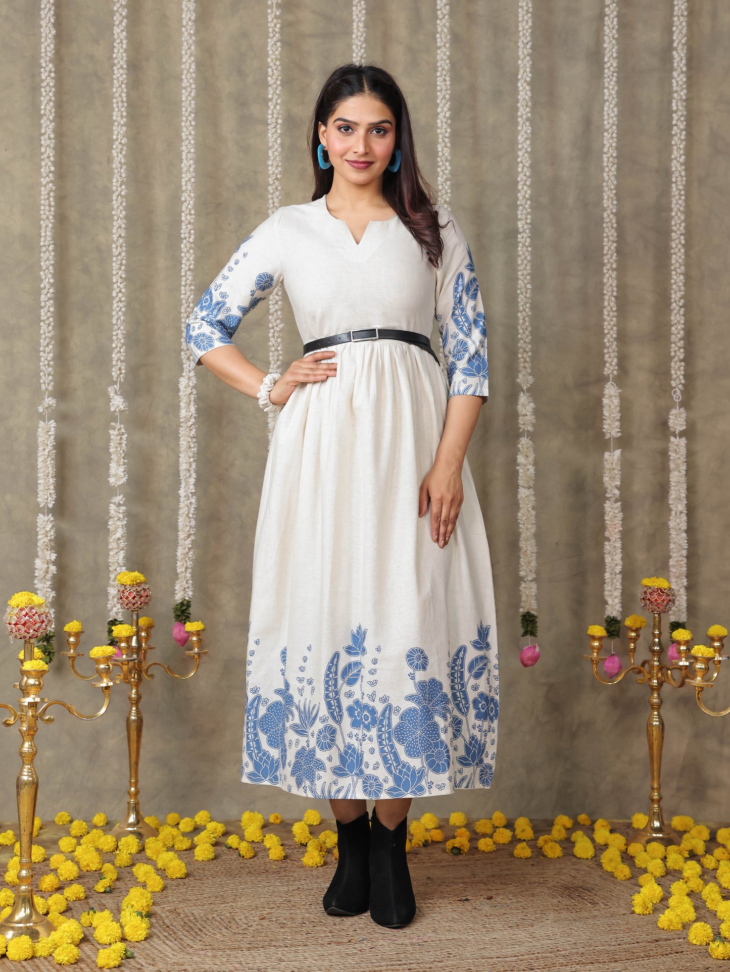 Linen Cotton Placement Print Gathered Off White Dress