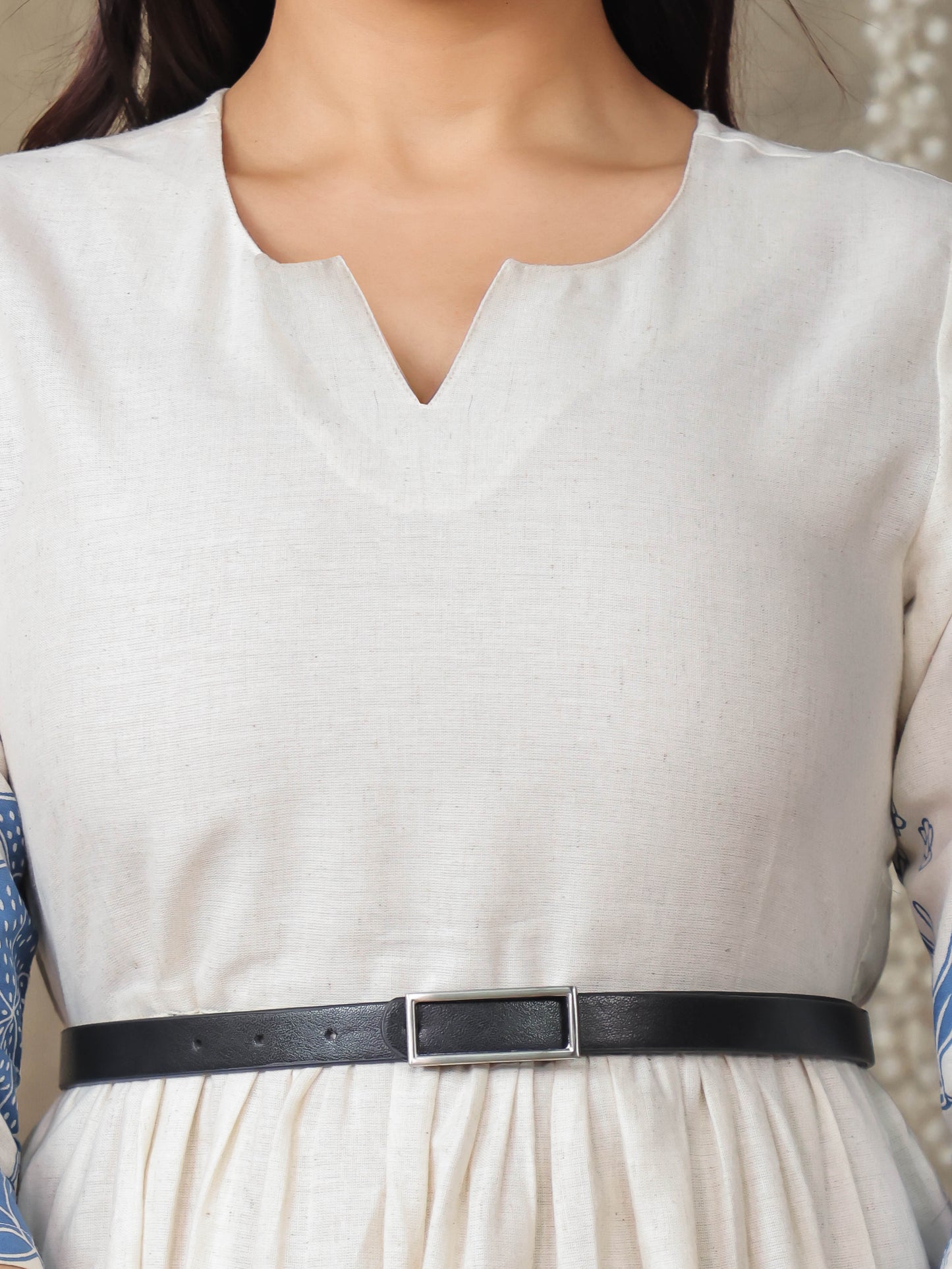 Linen Cotton Placement Print Gathered Off White Dress