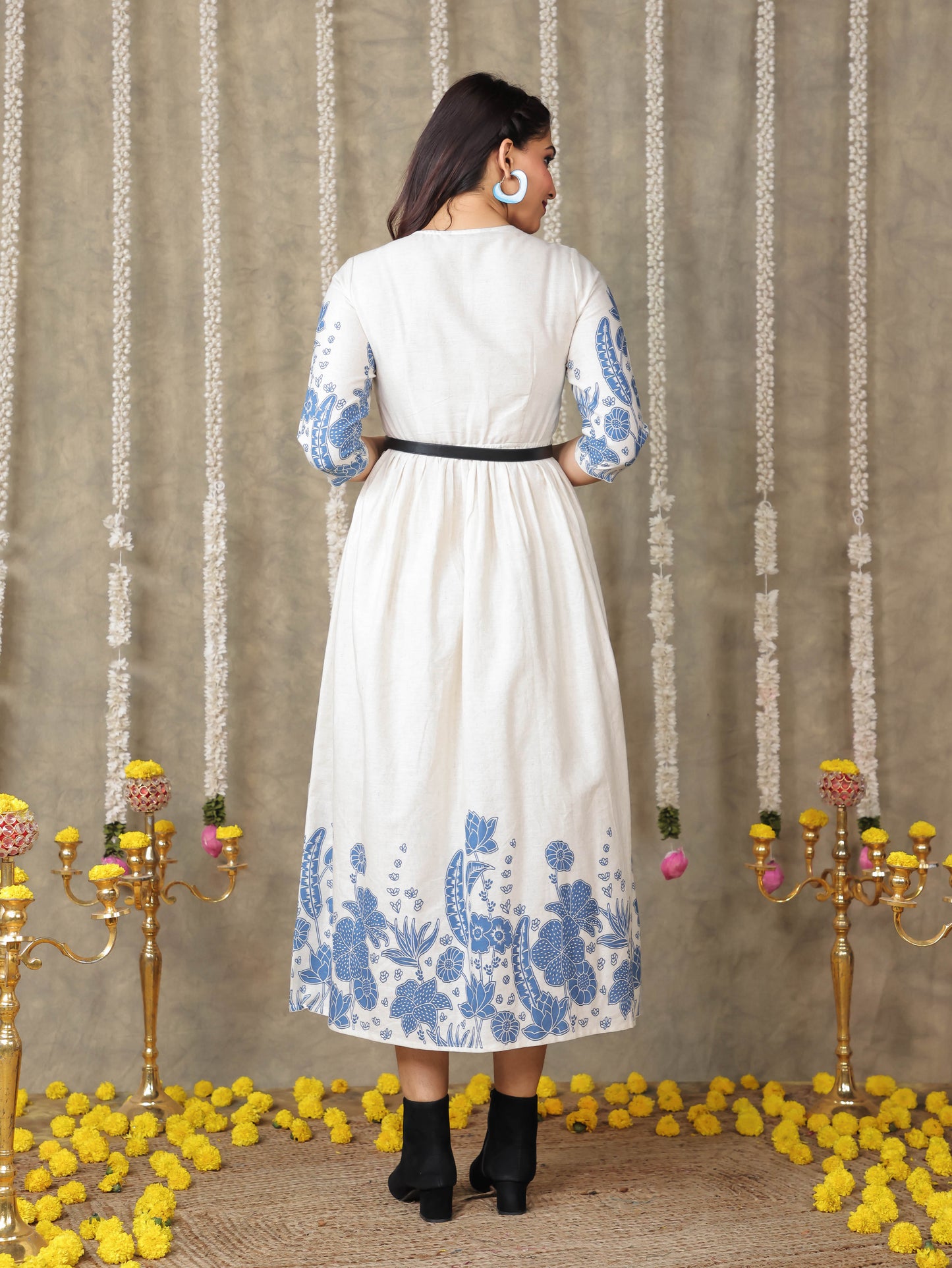 Linen Cotton Placement Print Gathered Off White Dress