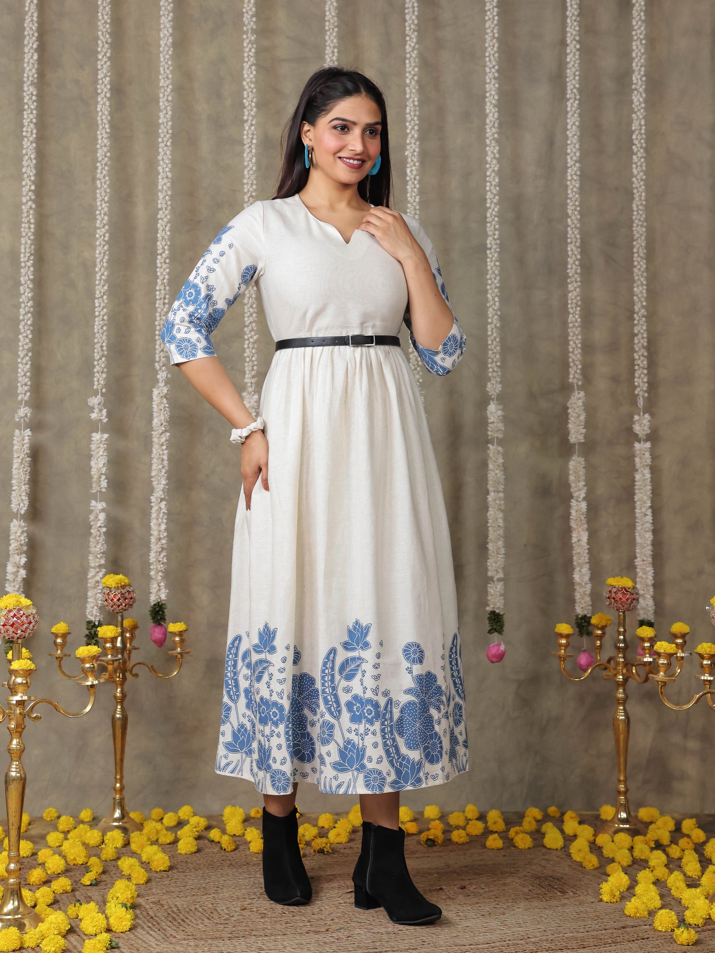 Linen Cotton Placement Print Gathered Off White Dress