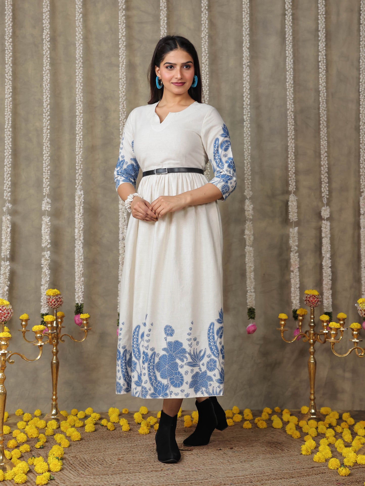 Linen Cotton Placement Print Gathered Off White Dress