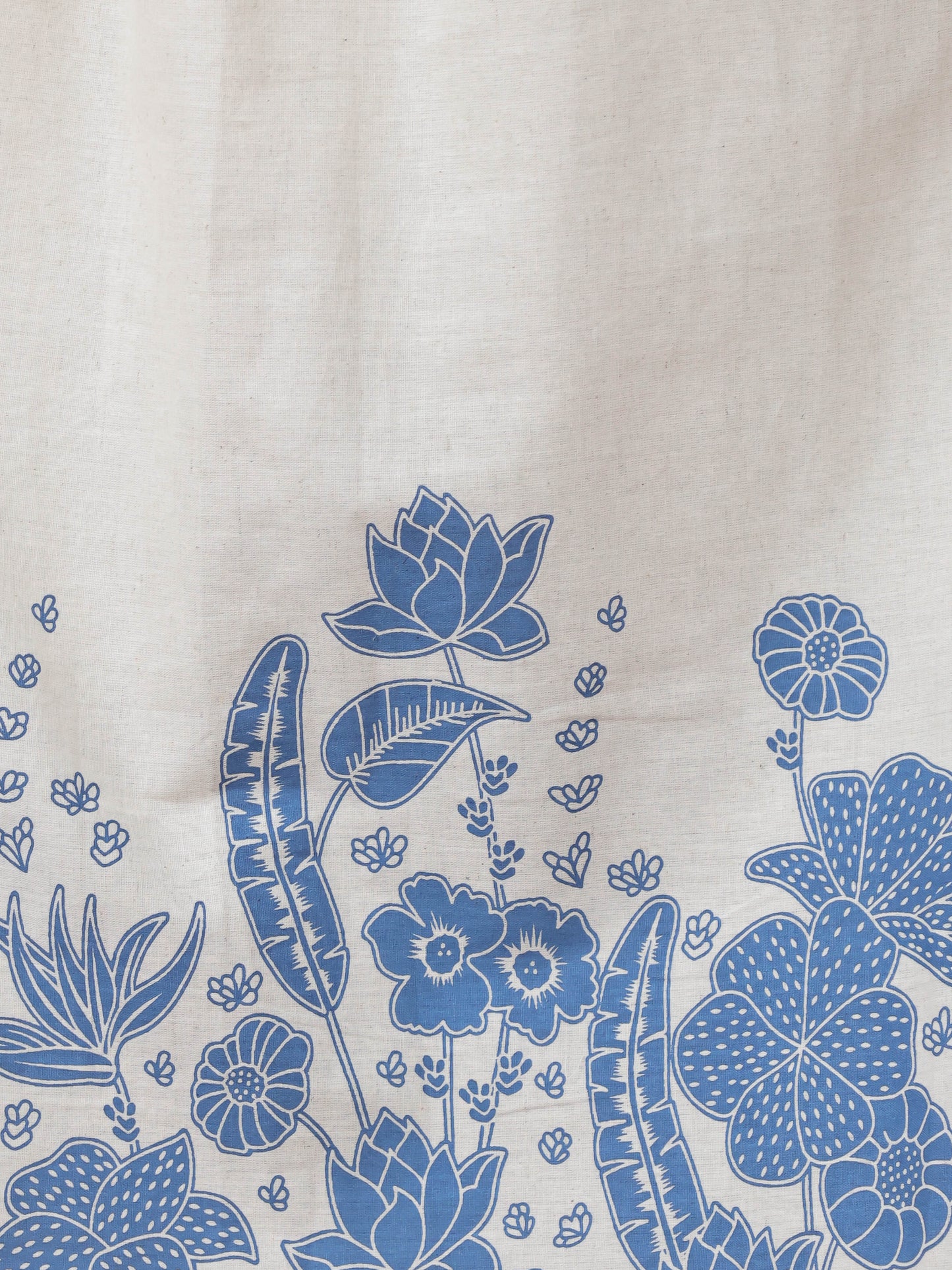 Linen Cotton Placement Print Gathered Off White Dress