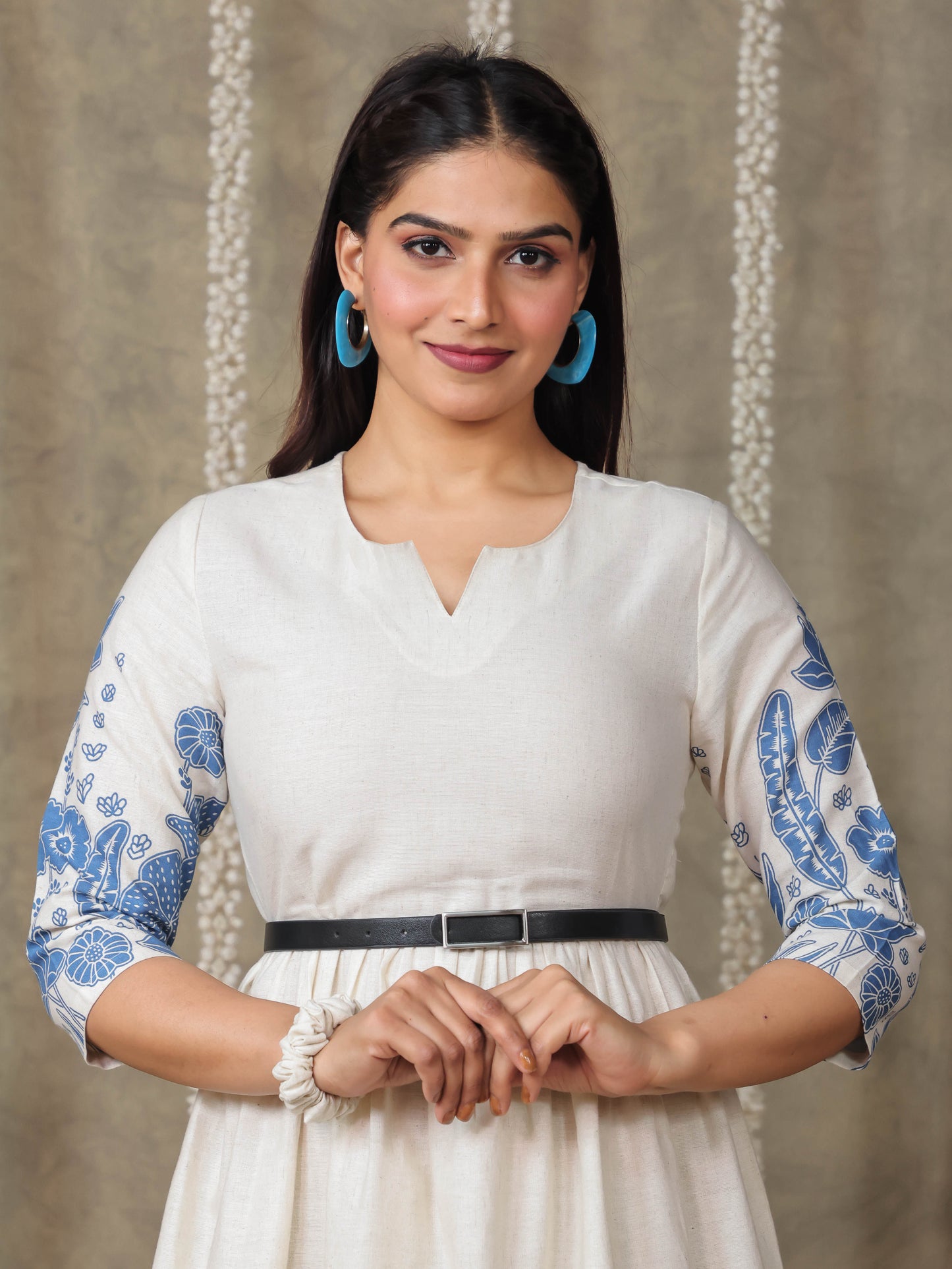 Linen Cotton Placement Print Gathered Off White Dress