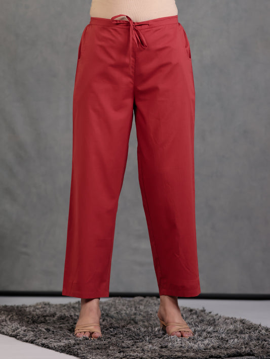 Soft Cotton Solid Rust Straight Trousers