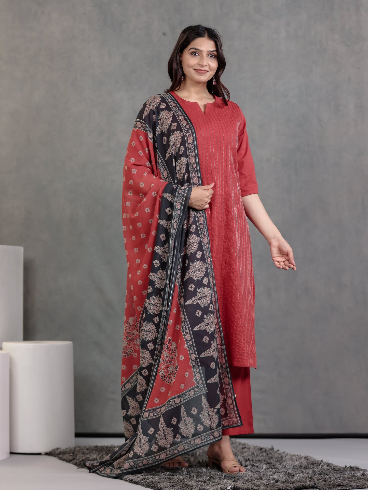 Cotton Voile Geometric Rust Dupatta