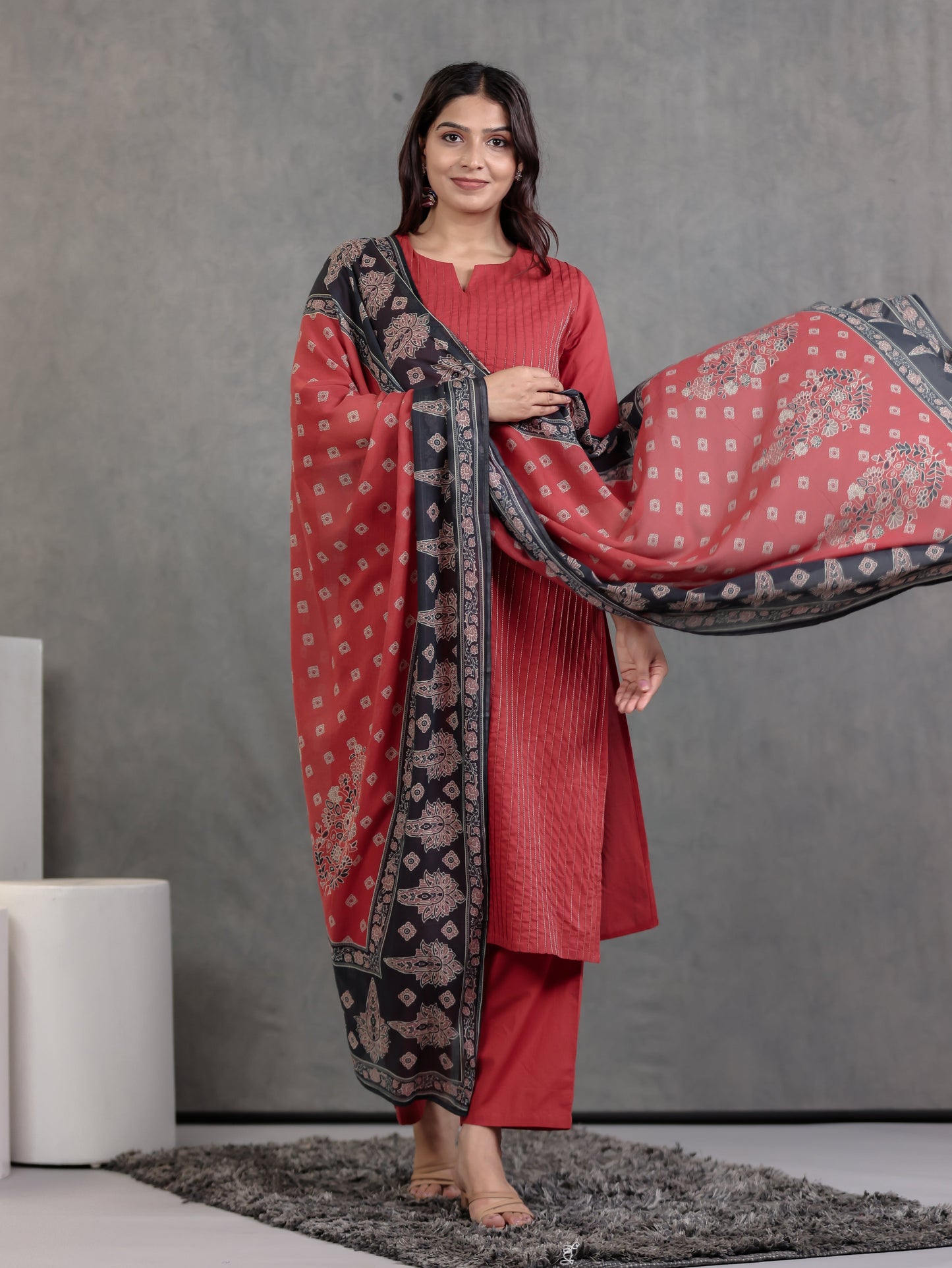 Cotton Voile Geometric Rust Dupatta