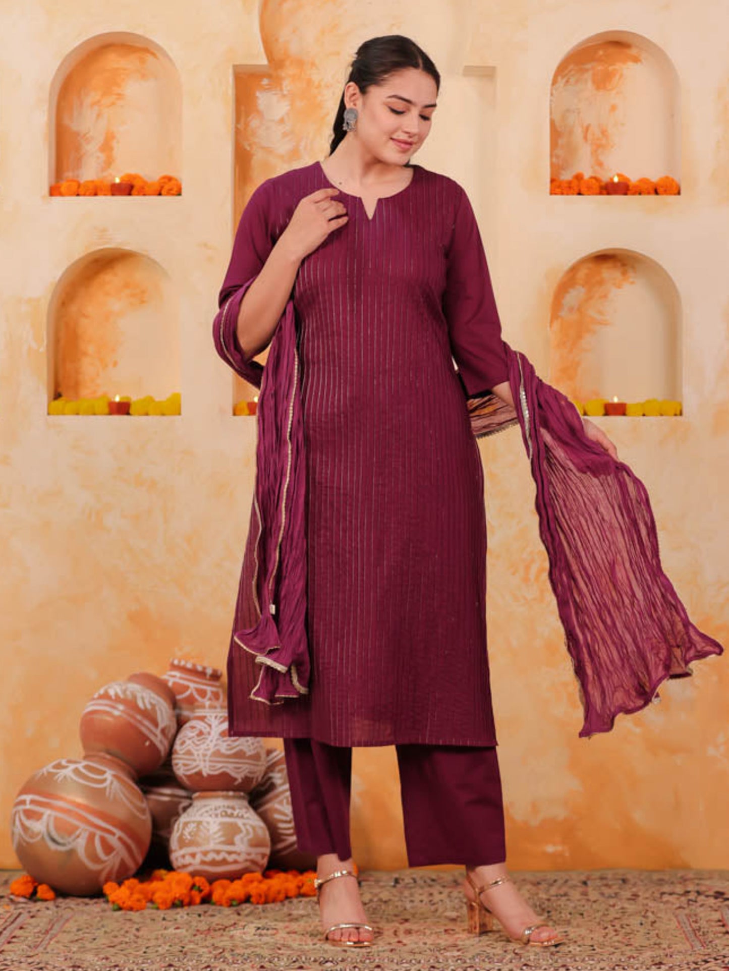 Embroidered Soft Cotton Solid Straight Purple Kurta