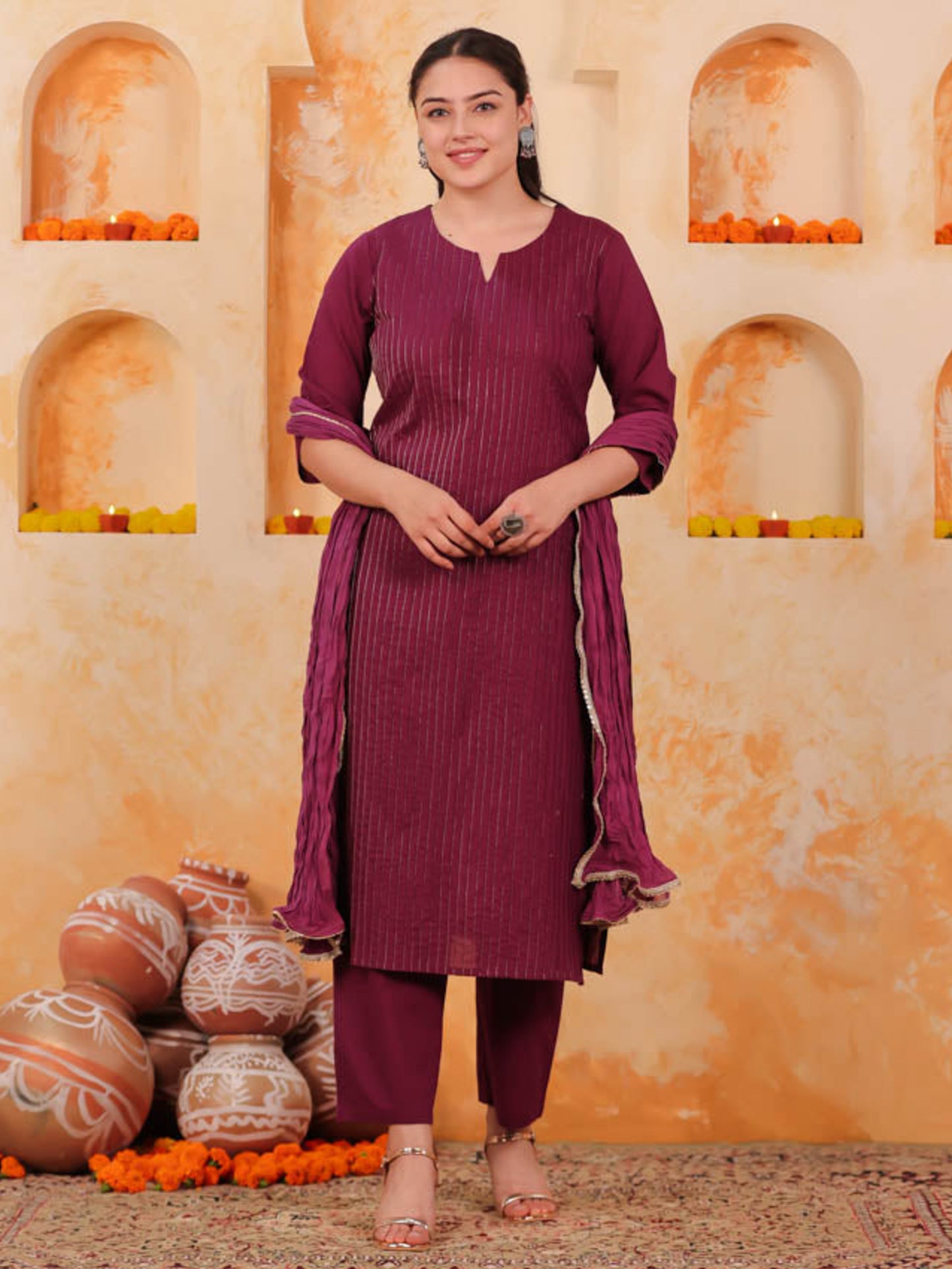 Embroidered Soft Cotton Solid Straight Purple Kurta