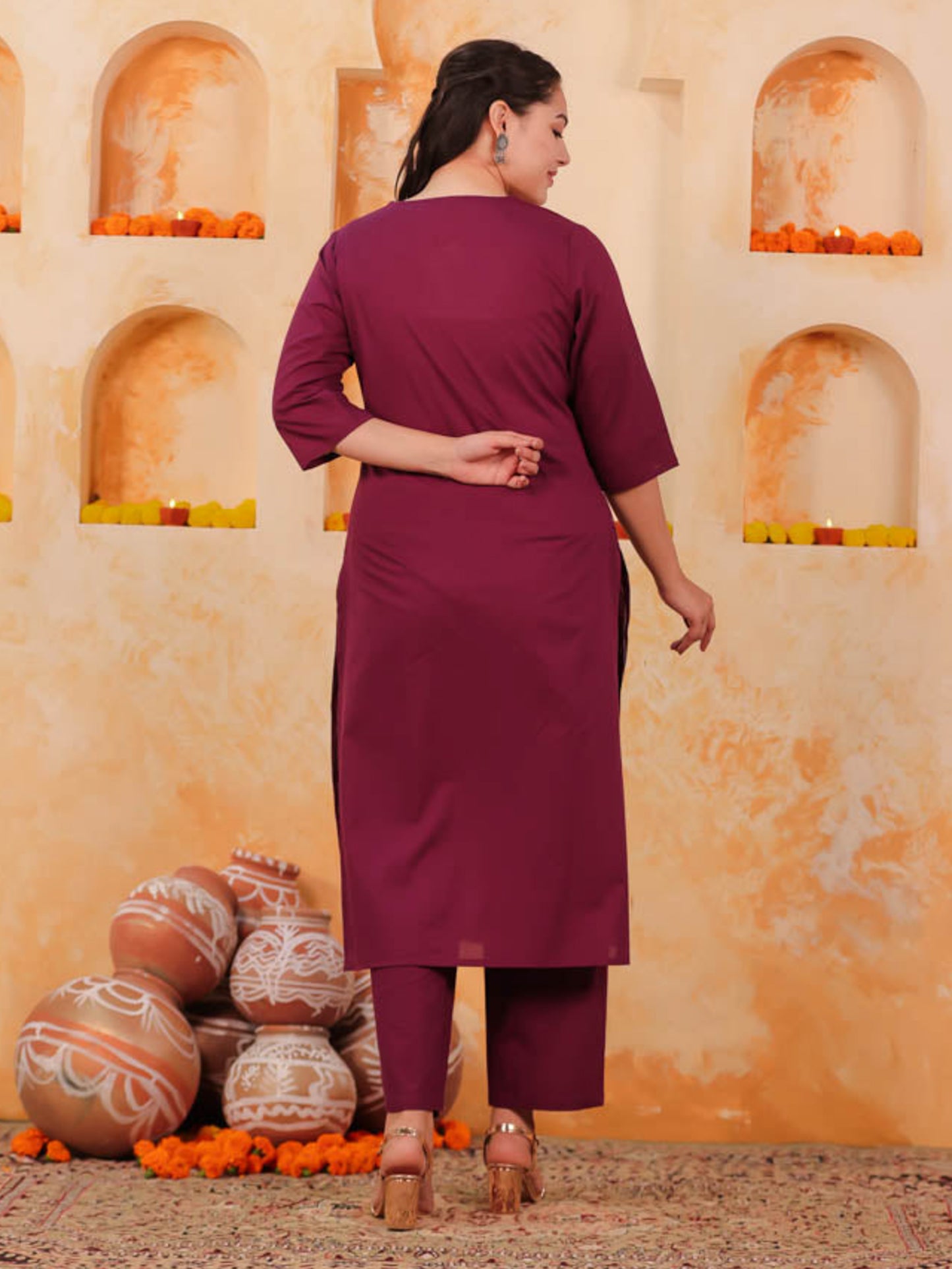 Embroidered Soft Cotton Solid Straight Purple Kurta