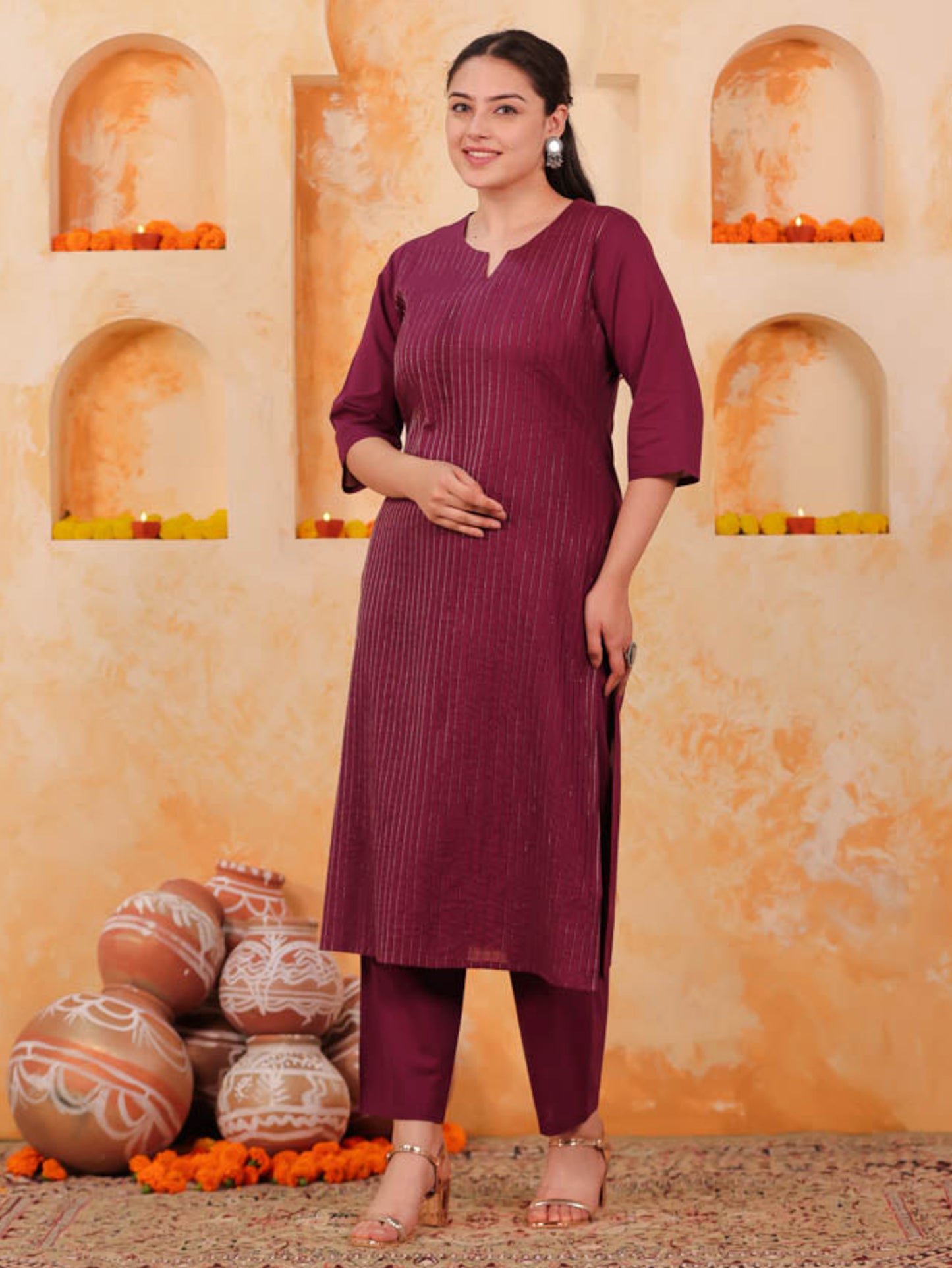 Embroidered Soft Cotton Solid Straight Purple Kurta