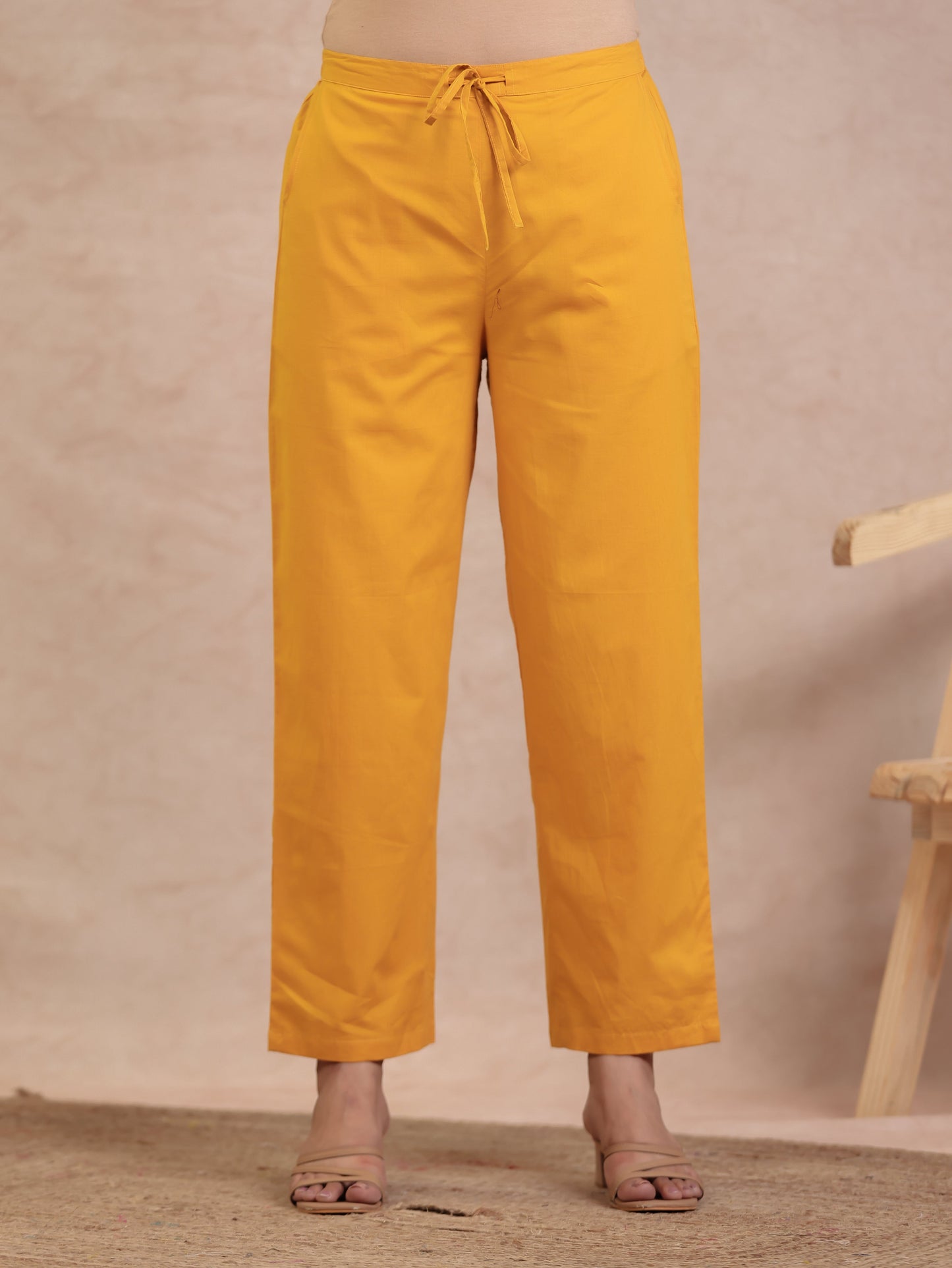 Soft Cotton Solid Yellow Straight Trousers