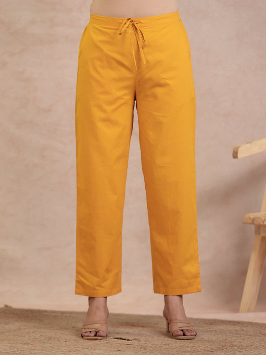 Soft Cotton Solid Yellow Straight Trousers