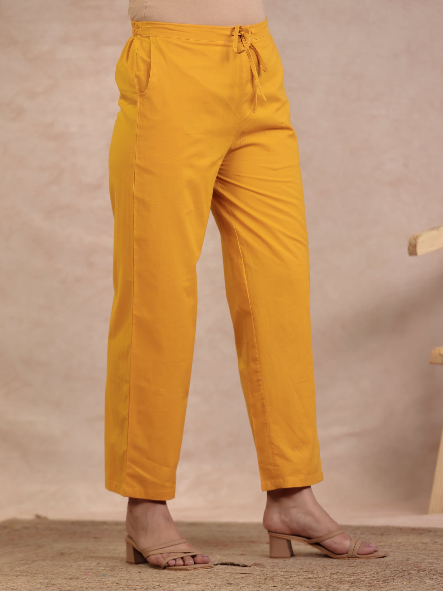 Soft Cotton Solid Yellow Straight Trousers