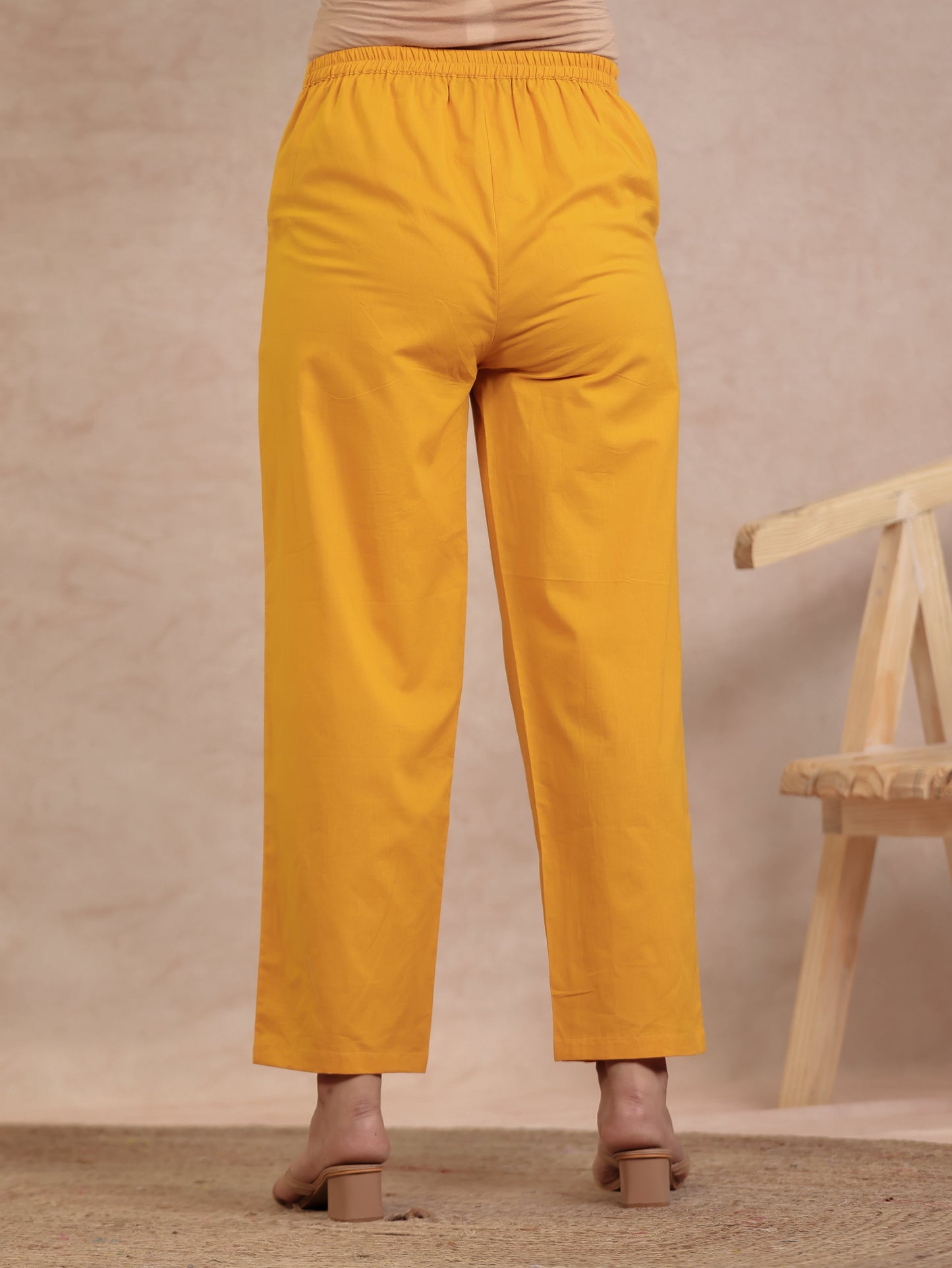 Soft Cotton Solid Yellow Straight Trousers
