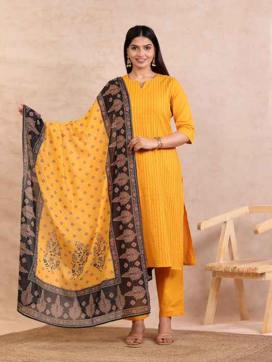Cotton Voile Geometric Yellow Dupatta