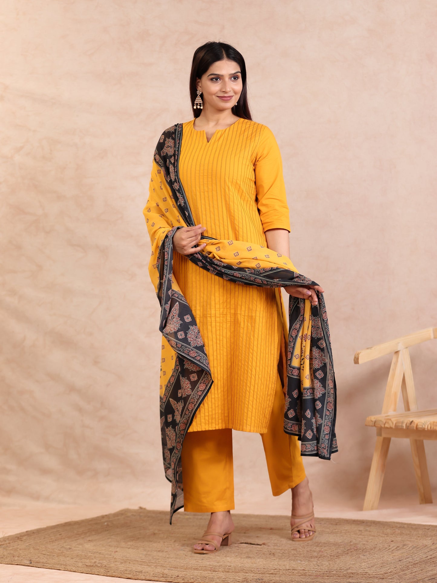 Cotton Voile Geometric Yellow Dupatta