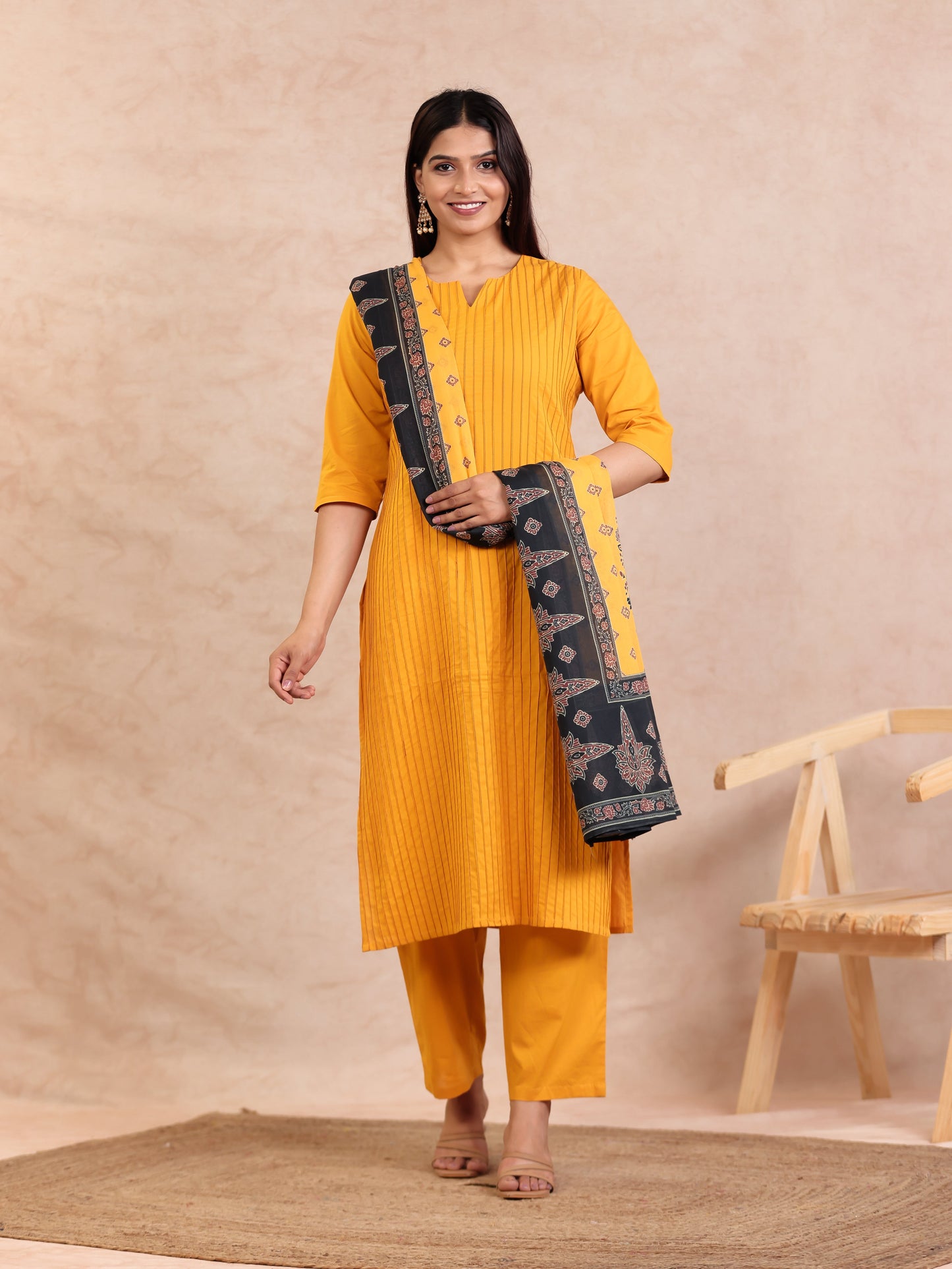 Cotton Voile Geometric Yellow Dupatta