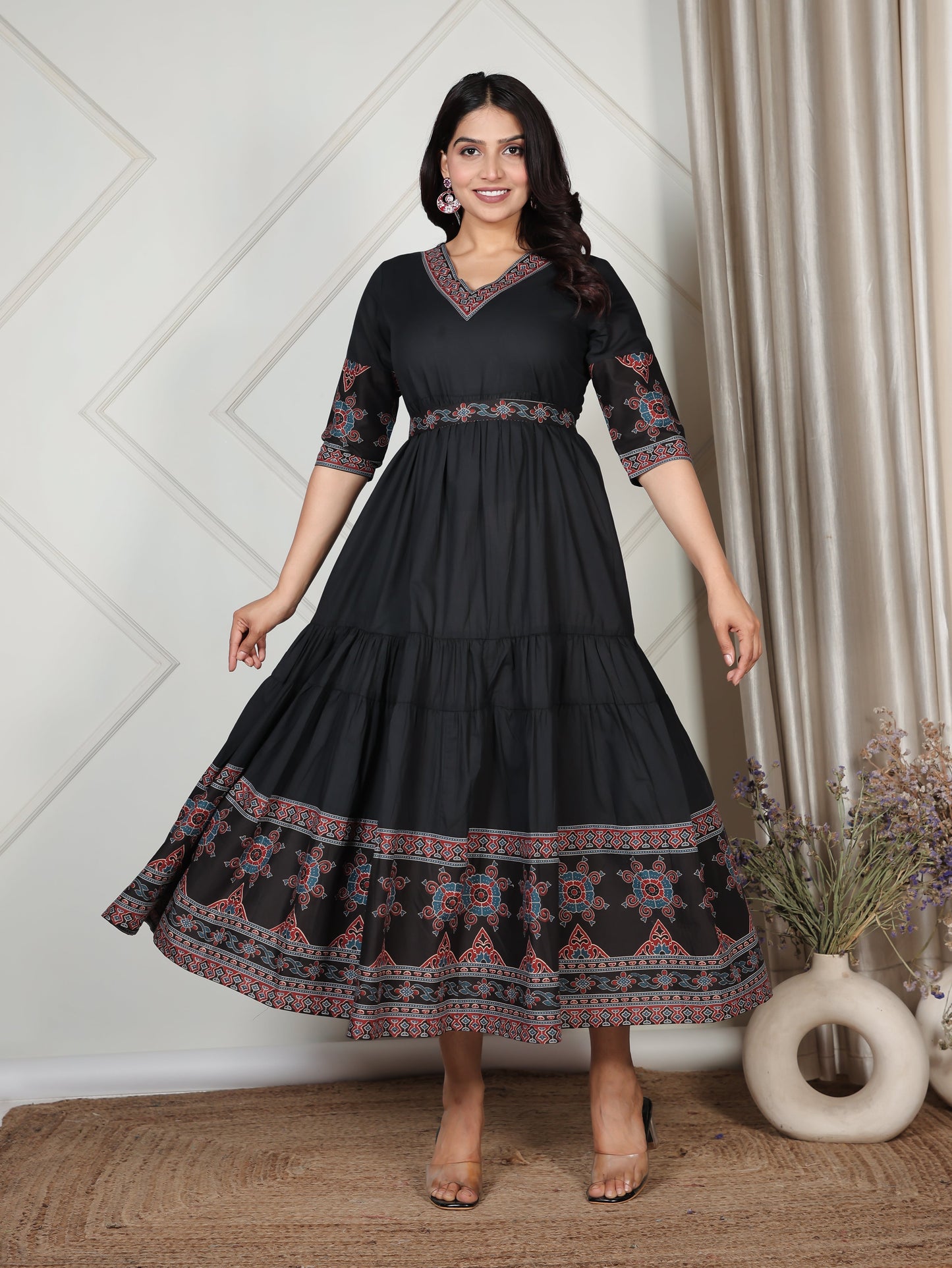 Soft Cotton Solid Tiered Black Dress